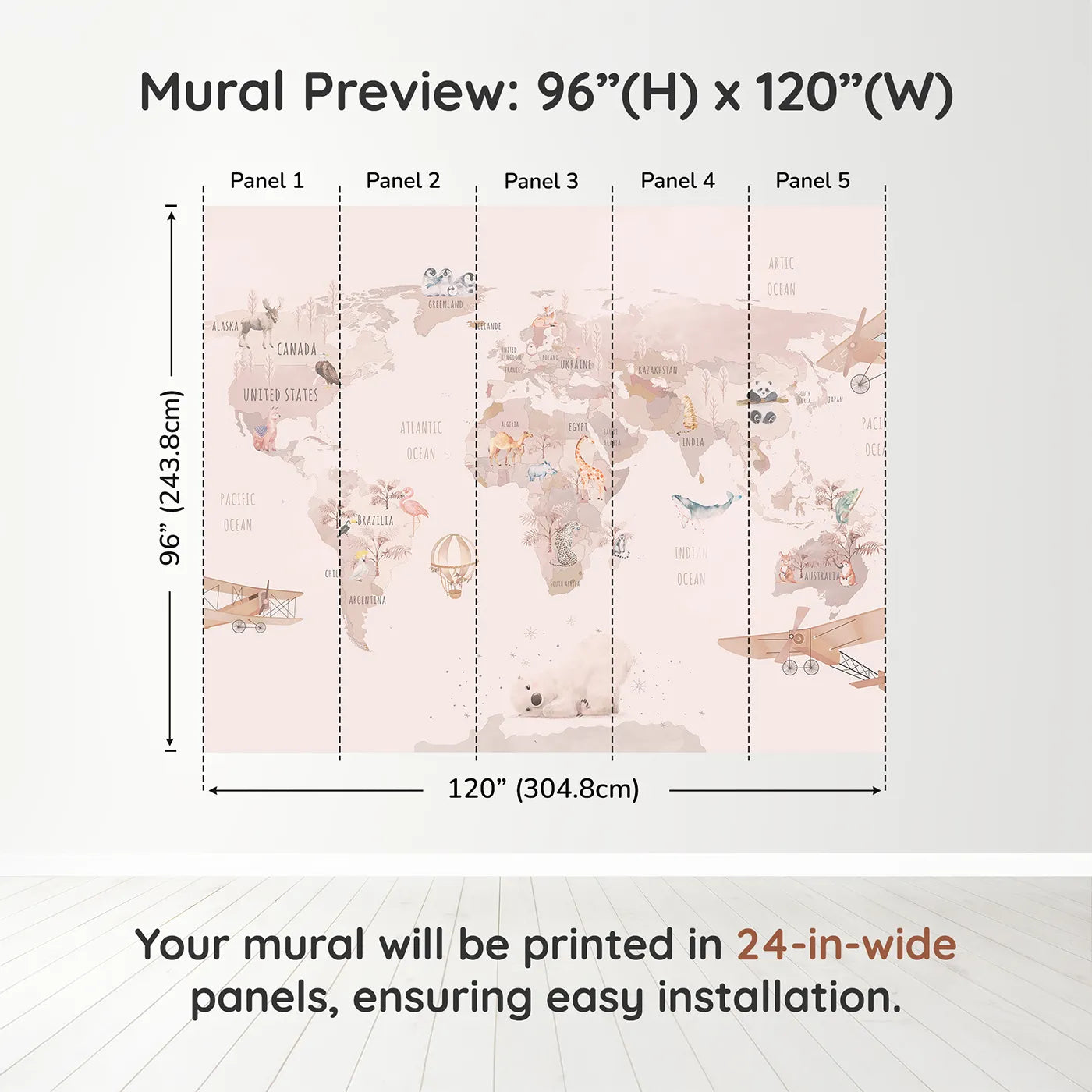 Whimsy Tots Watercolor World Adventure Wall Muraldimension view (96" H x 120" W). Printed in five 24-inch-wide panels. Best for Girls