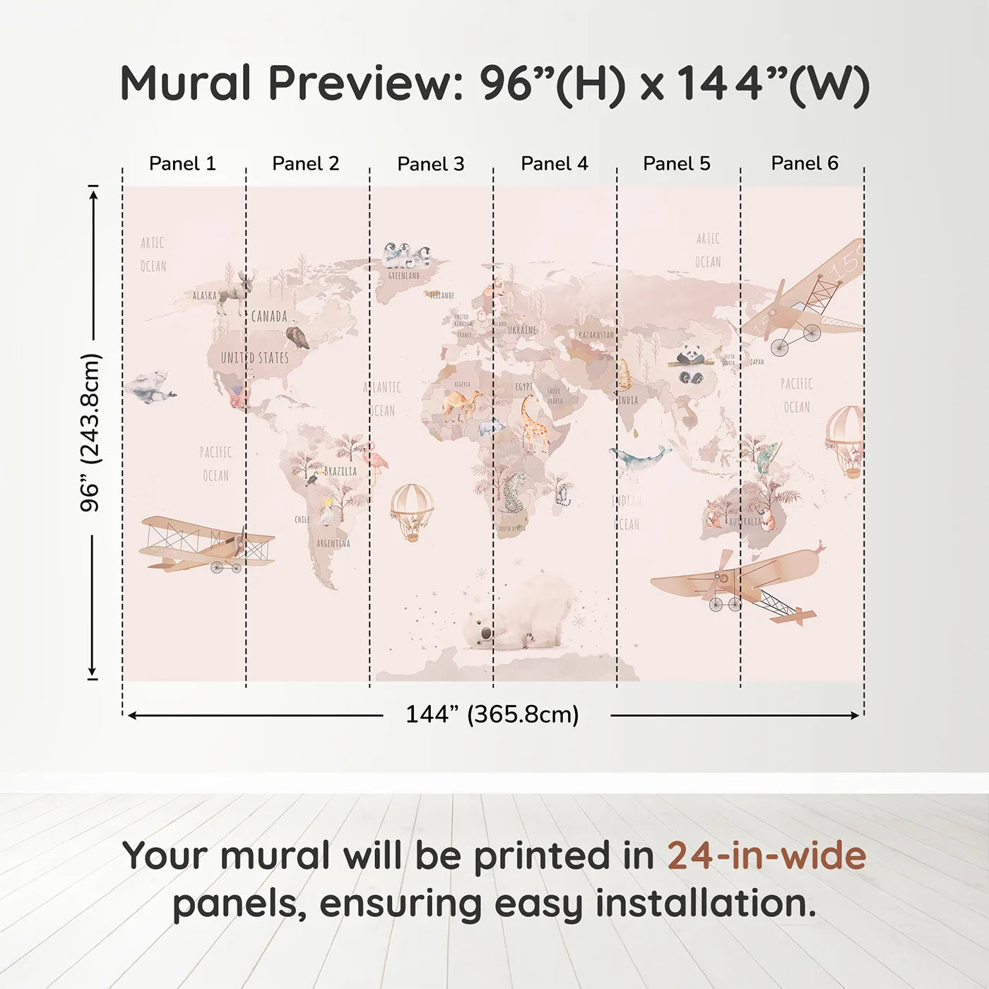 Whimsy Tots Watercolor World Adventure Wall Muraldimension view (96" H x 144" W). Printed in six 24-inch-wide panels. Best for Girls