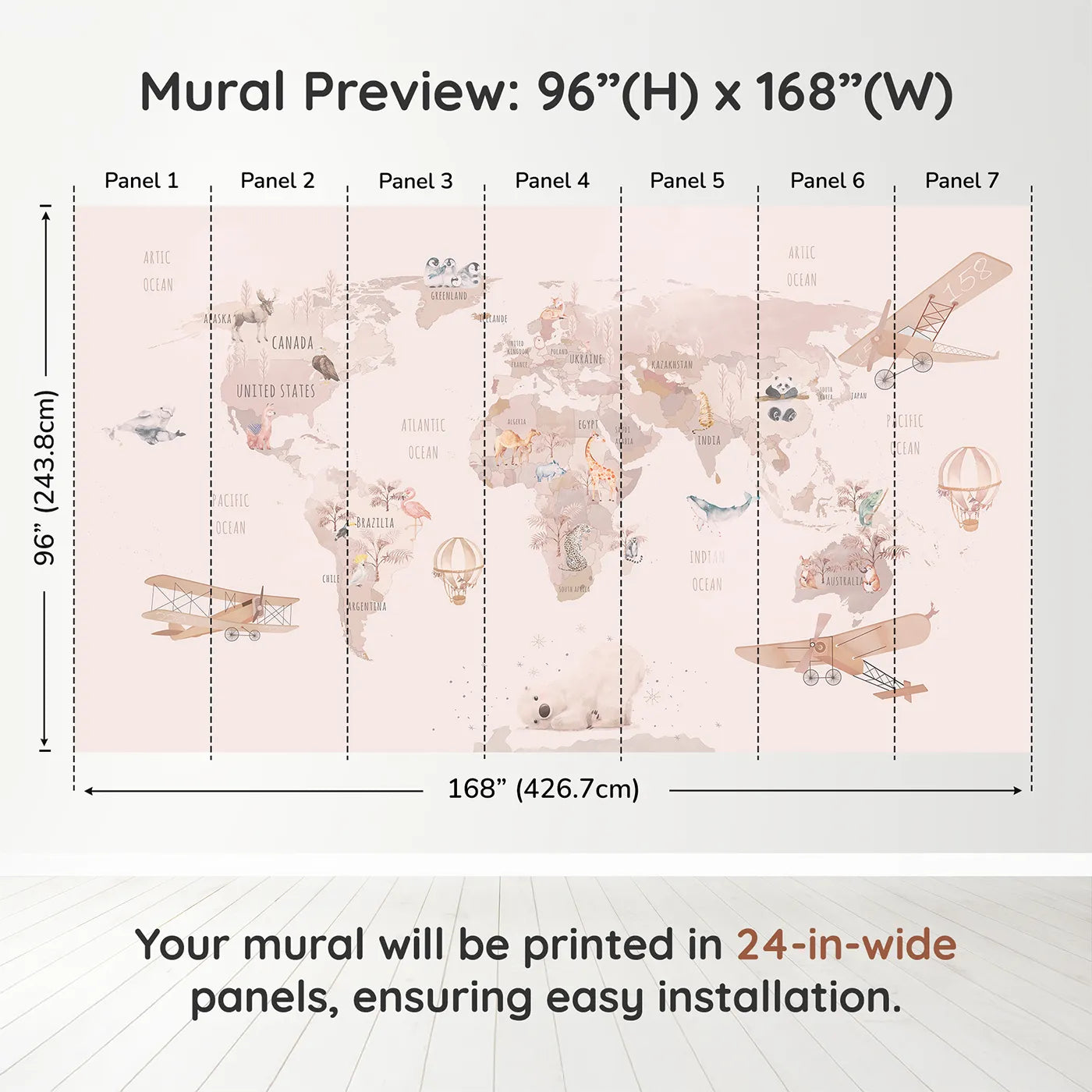 Whimsy Tots Watercolor World Adventure Wall Muraldimension view (96" H x 168" W). Printed in seven 24-inch-wide panels. Best for Girls