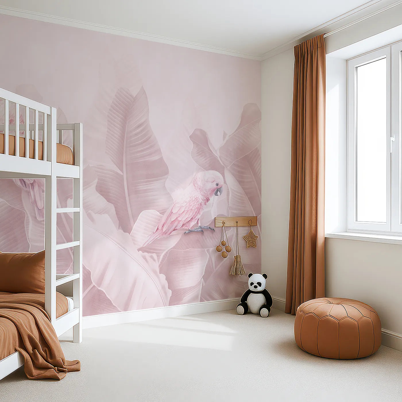 Angled view of Whimsy Tots' Pink Parrot Jungle Wall Mural (Turn Their Room into a Soft and Dreamy Tropical Hideaway).Best for Girls