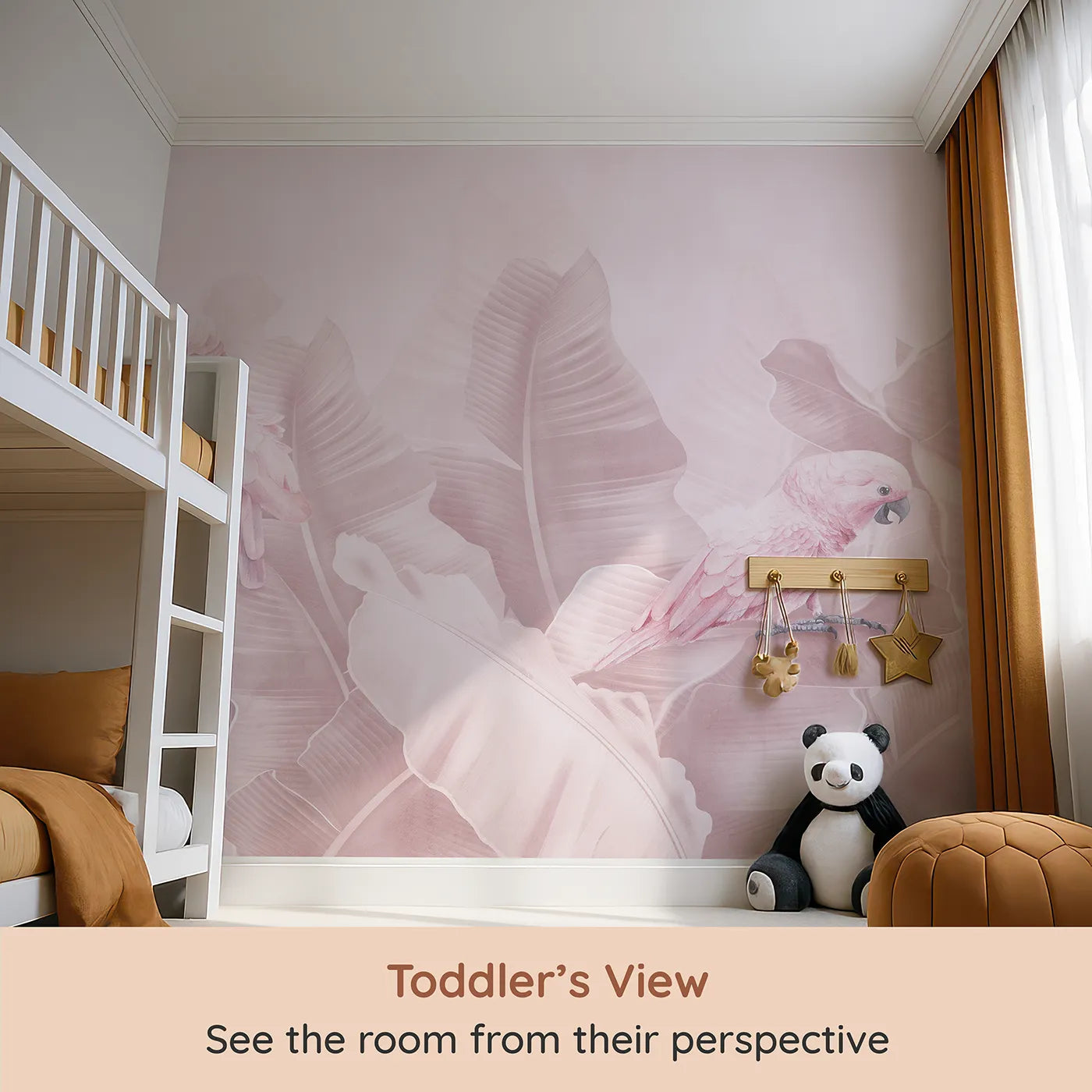 Whimsy Tots Pink Parrot Jungle Wall Mural (Turn Their Room into a Soft and Dreamy Tropical Hideaway) from your child's view.Best for Girls