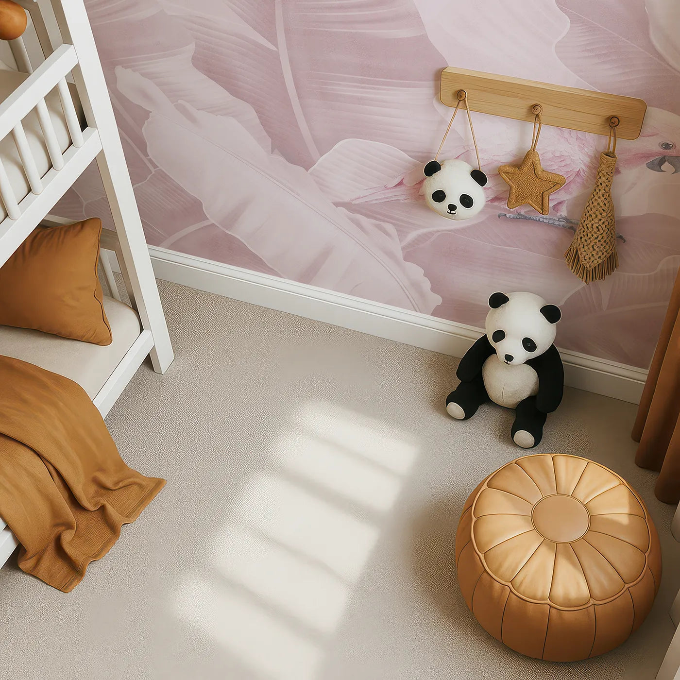 Top-down view of Whimsy Tots' Pink Parrot Jungle Wall Mural (Turn Their Room into a Soft and Dreamy Tropical Hideaway).Best for Girls