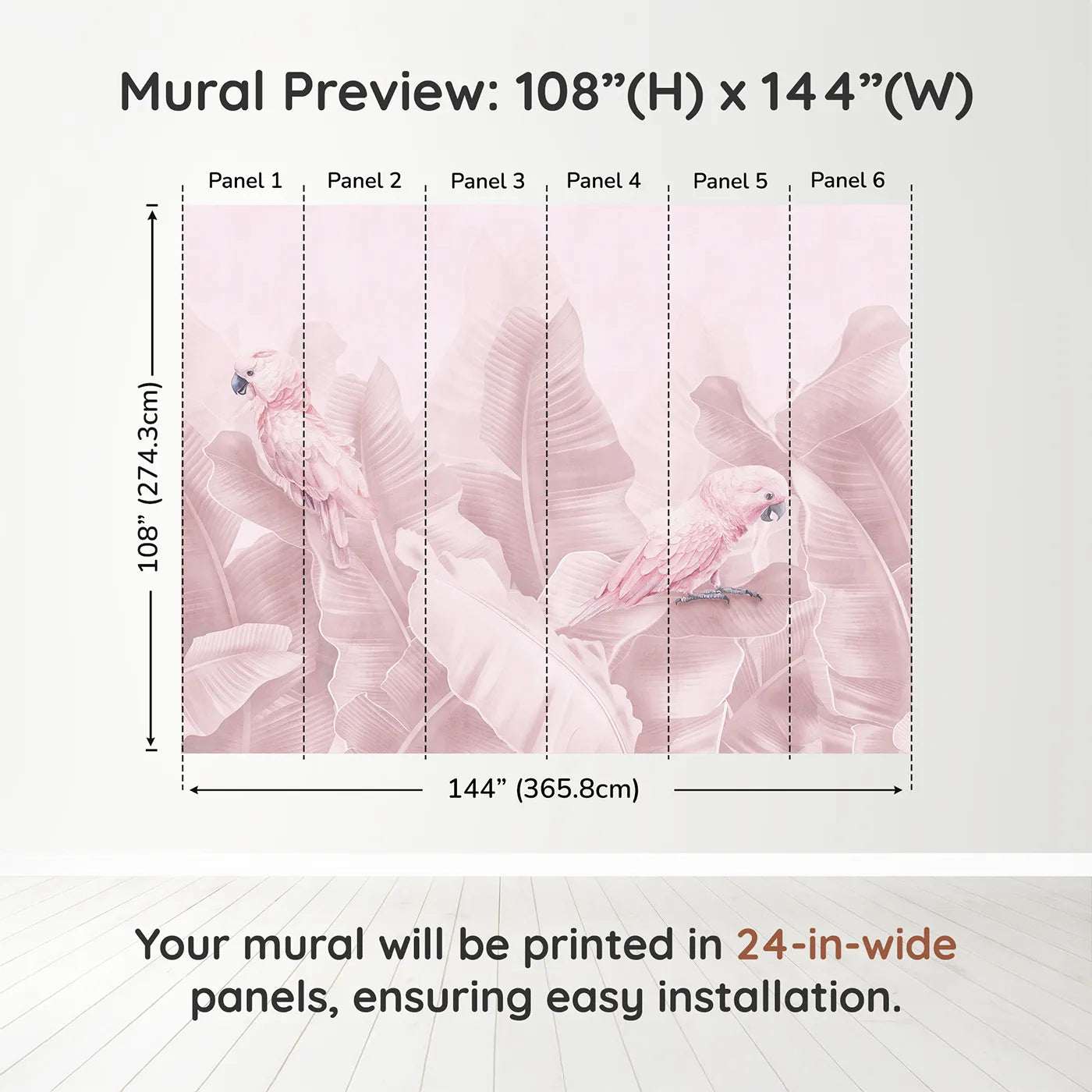 Whimsy Tots Pink Parrot Jungle Wall Muraldimension view (108" H x 144" W). Printed in six 24-inch-wide panels. Best for Girls