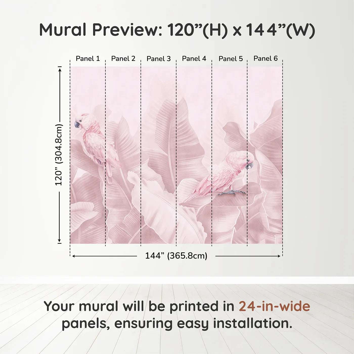 Whimsy Tots Pink Parrot Jungle Wall Muraldimension view (120" H x 144" W). Printed in six 24-inch-wide panels. Best for Girls
