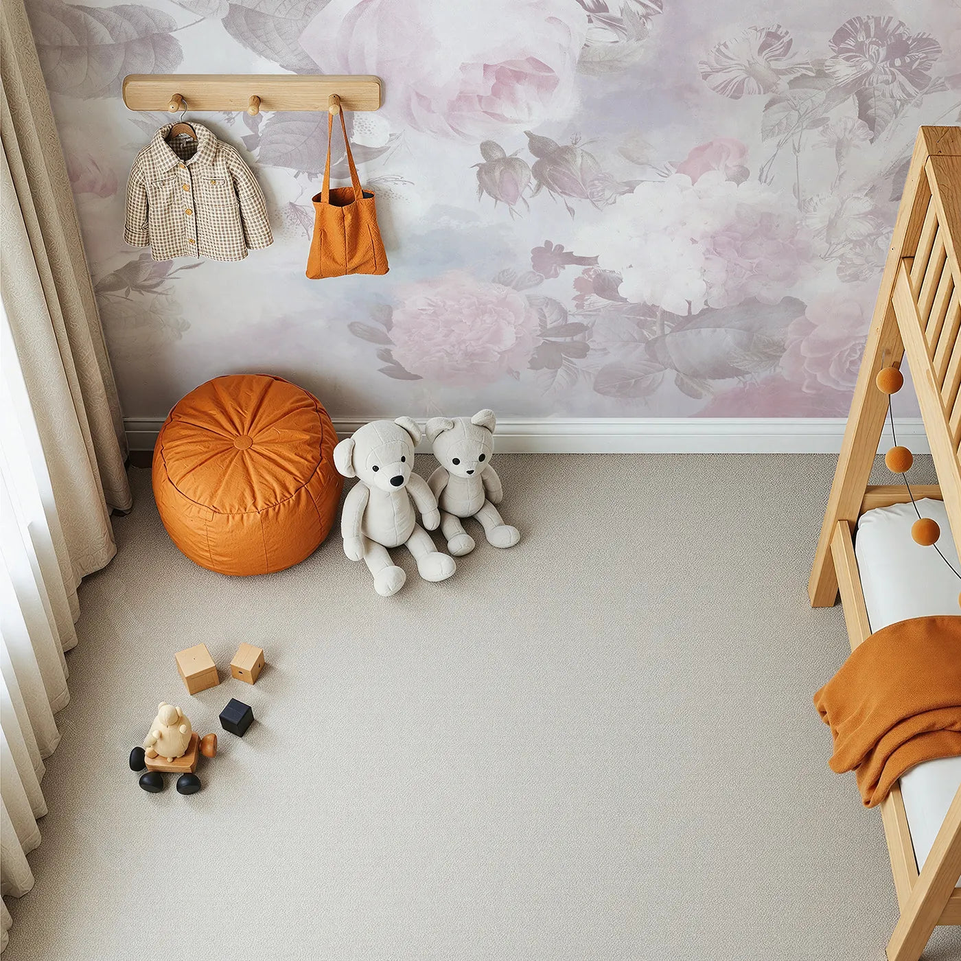 Top-down view of Whimsy Tots' Vintage Floral Dream Wall Mural (Turn Their Room into a Garden of Faded, Romantic Flowers).Best for Girls