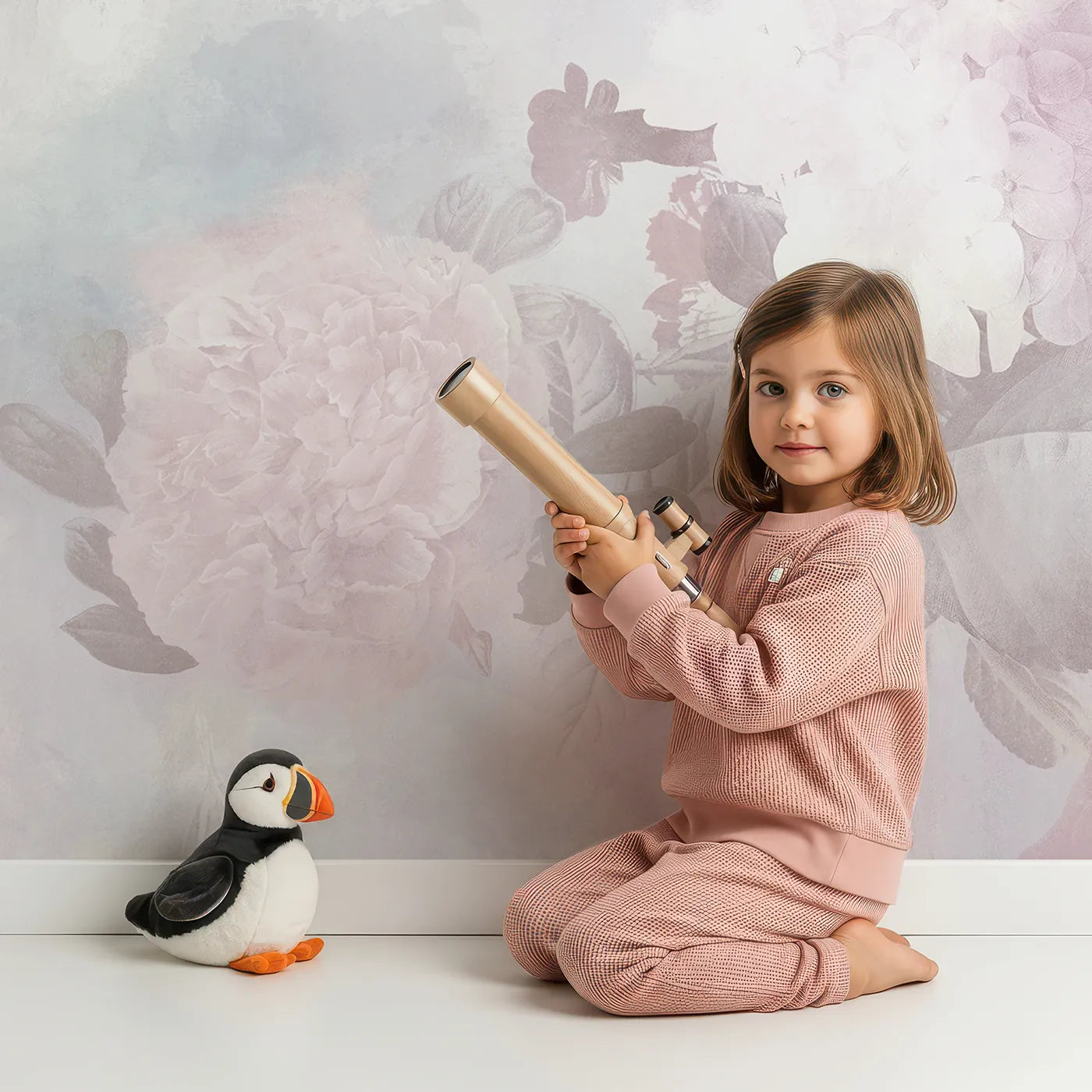Child in front of Whimsy Tots Vintage Floral Dream Wall Mural with flower, floral, vintage, romantic, pink, purple, painterly, rose in design.