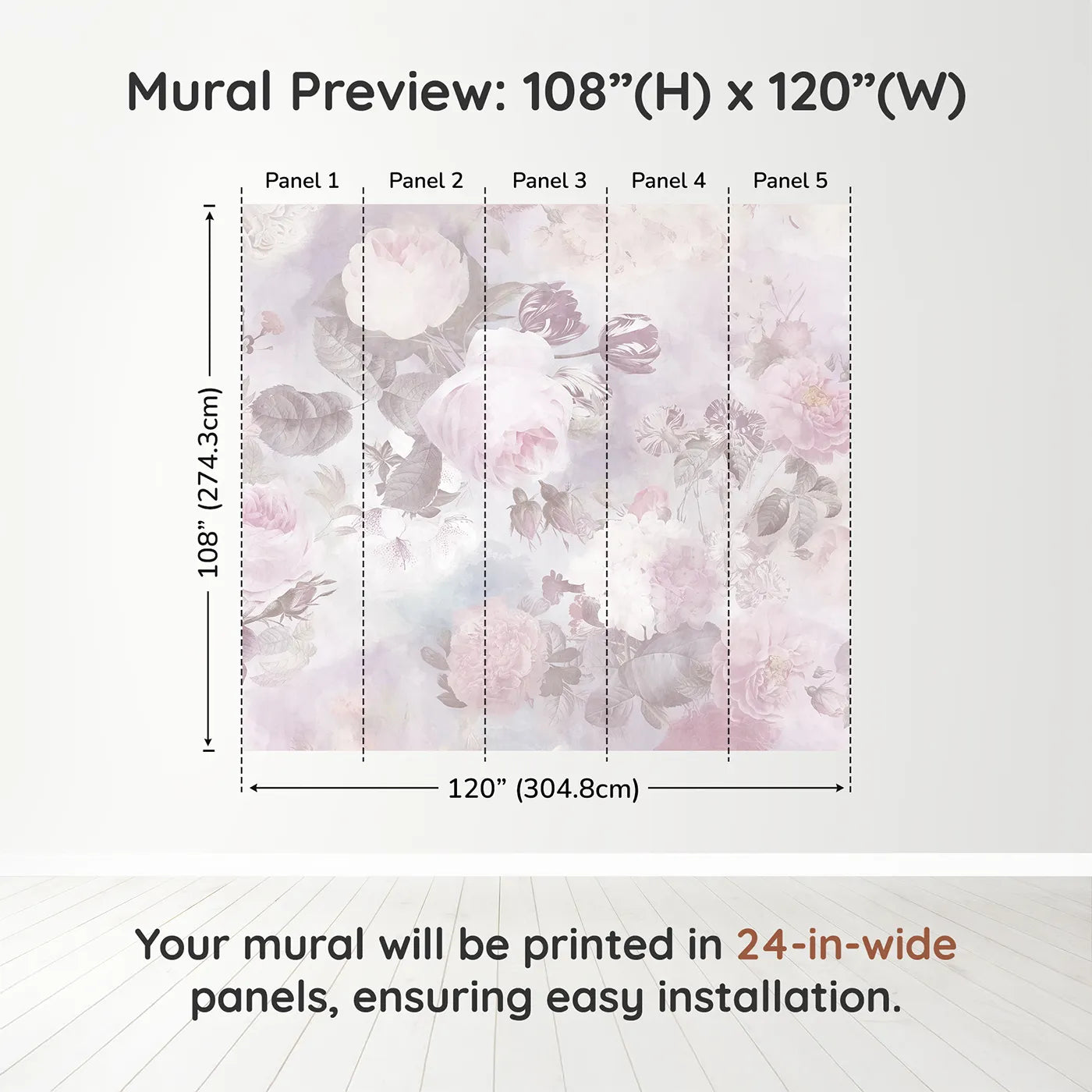 Whimsy Tots Vintage Floral Dream Wall Muraldimension view (108" H x 120" W). Printed in five 24-inch-wide panels. Best for Girls