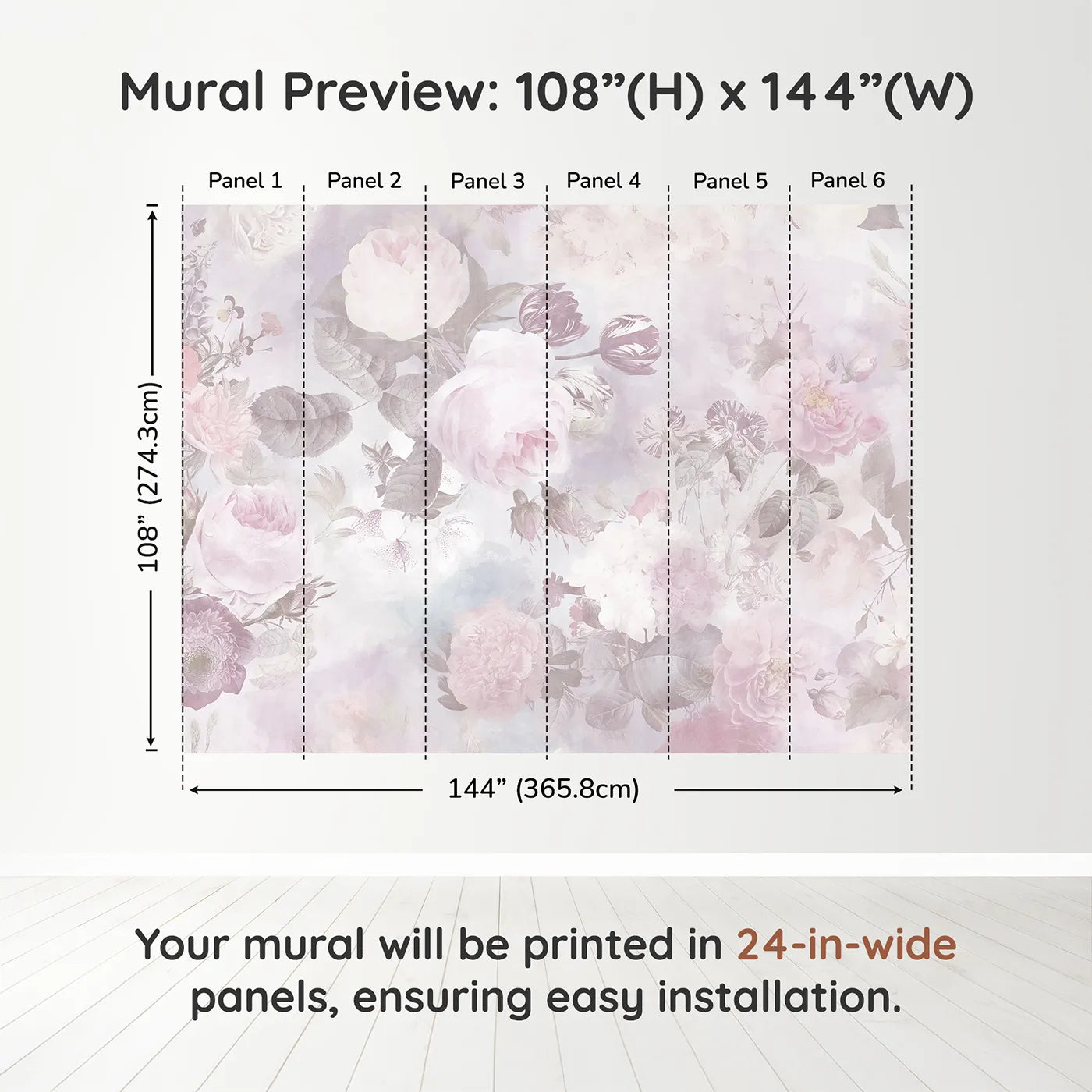 Whimsy Tots Vintage Floral Dream Wall Muraldimension view (108" H x 144" W). Printed in six 24-inch-wide panels. Best for Girls