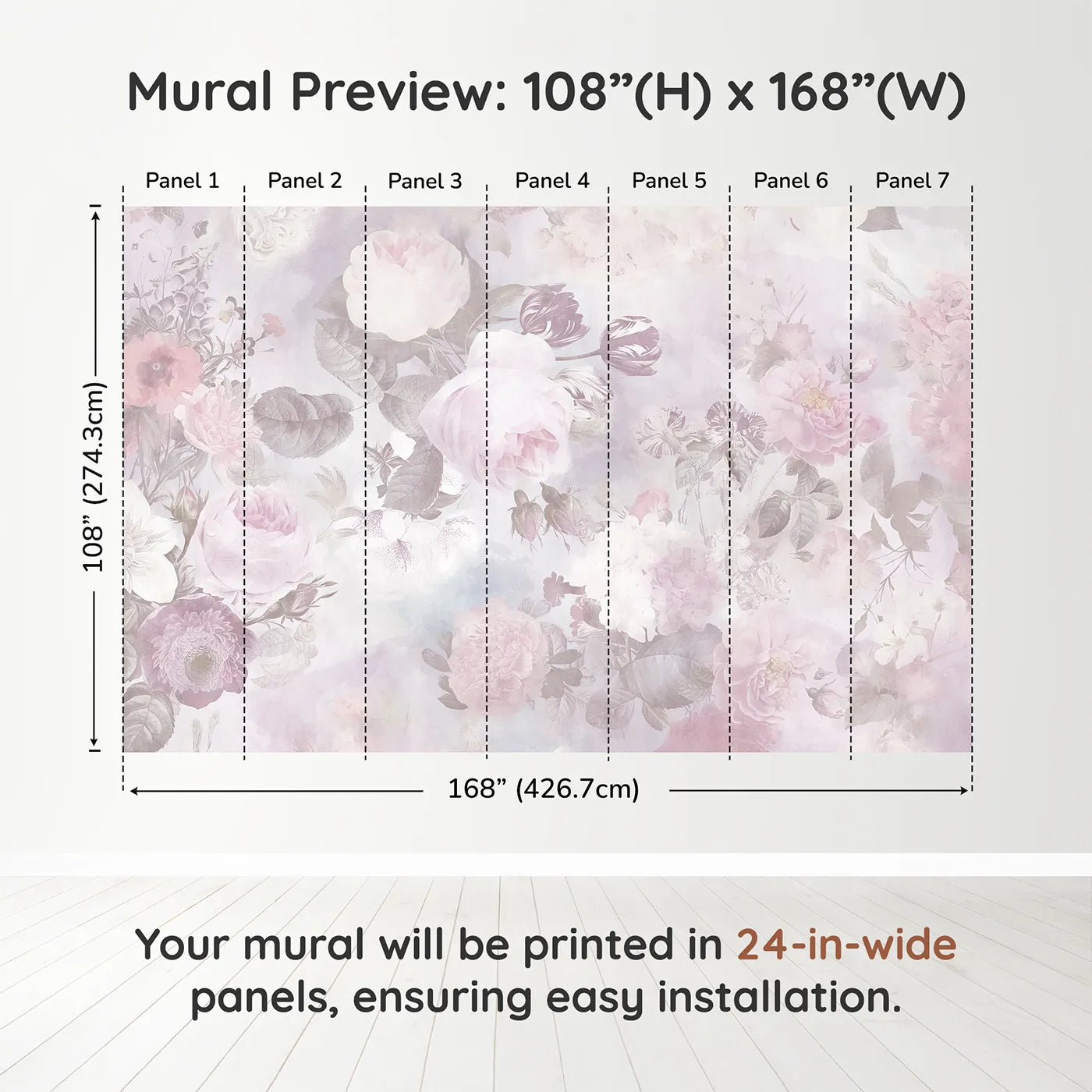 Whimsy Tots Vintage Floral Dream Wall Muraldimension view (108" H x 168" W). Printed in seven 24-inch-wide panels. Best for Girls