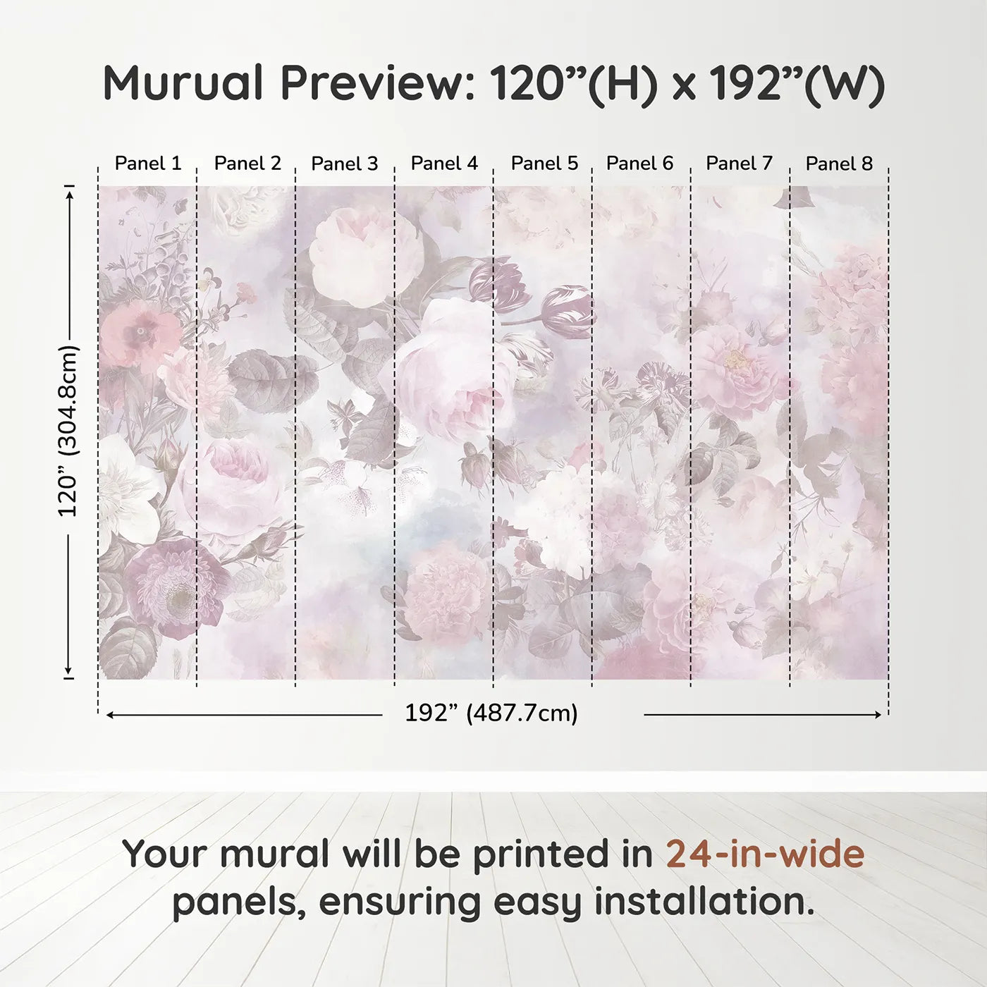 Whimsy Tots Vintage Floral Dream Wall Muraldimension view (120" H x 192" W). Printed in eight 24-inch-wide panels. Best for Girls