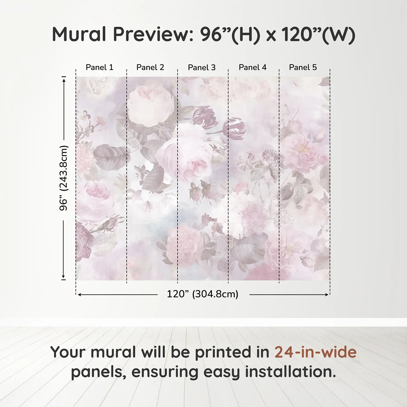 Whimsy Tots Vintage Floral Dream Wall Muraldimension view (96" H x 120" W). Printed in five 24-inch-wide panels. Best for Girls
