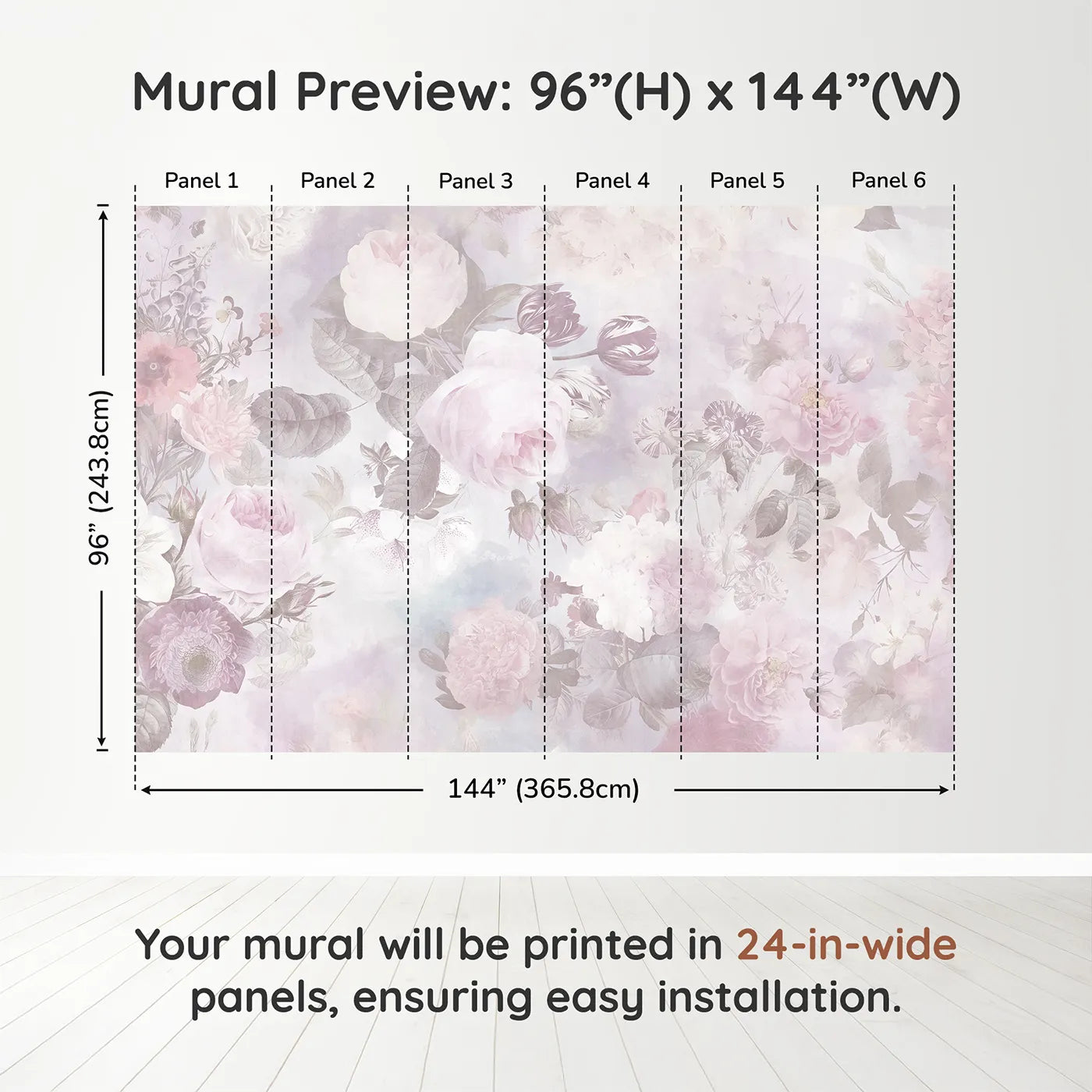 Whimsy Tots Vintage Floral Dream Wall Muraldimension view (96" H x 144" W). Printed in six 24-inch-wide panels. Best for Girls