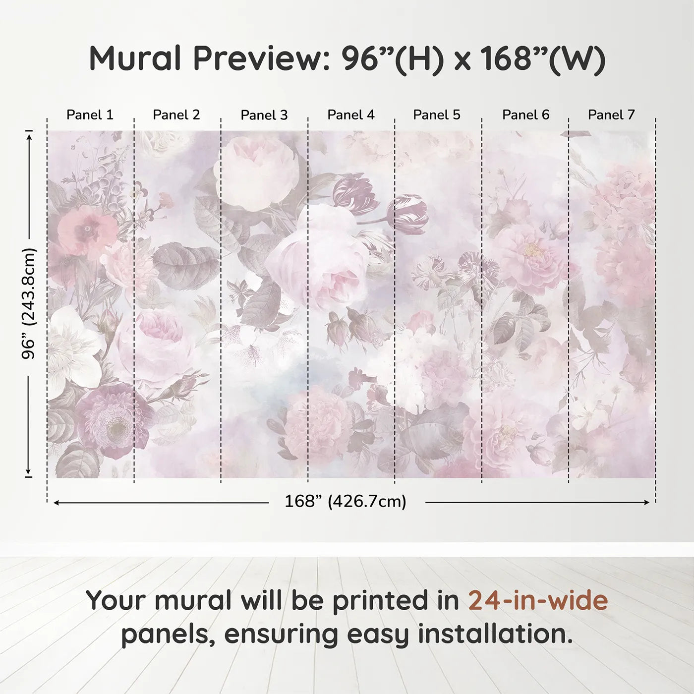 Whimsy Tots Vintage Floral Dream Wall Muraldimension view (96" H x 168" W). Printed in seven 24-inch-wide panels. Best for Girls