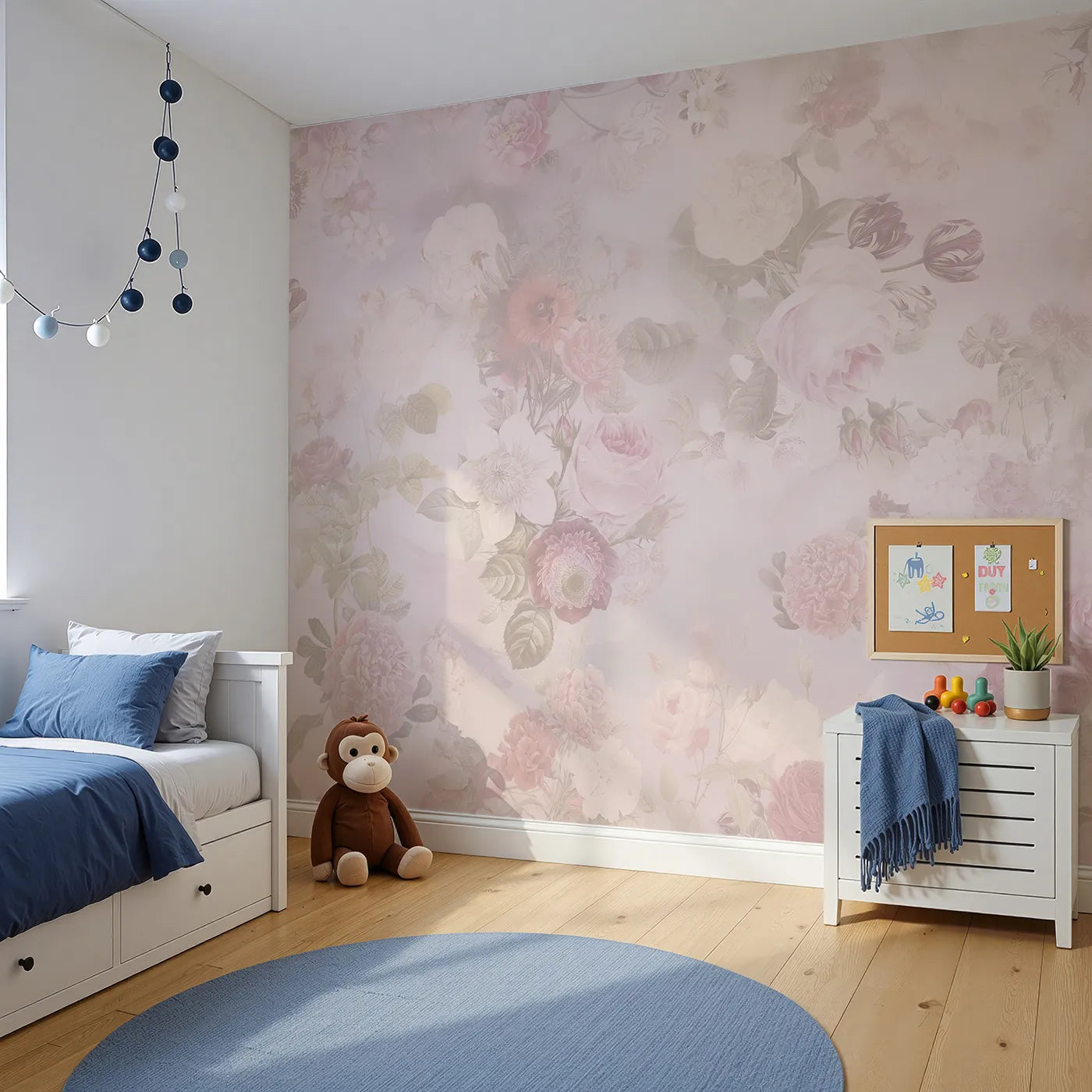 Angled view of Whimsy Tots' Vintage Floral Romance Wall Mural (Turn Their Room into a Garden of Timeless, Painted Flowers).Best for Girls