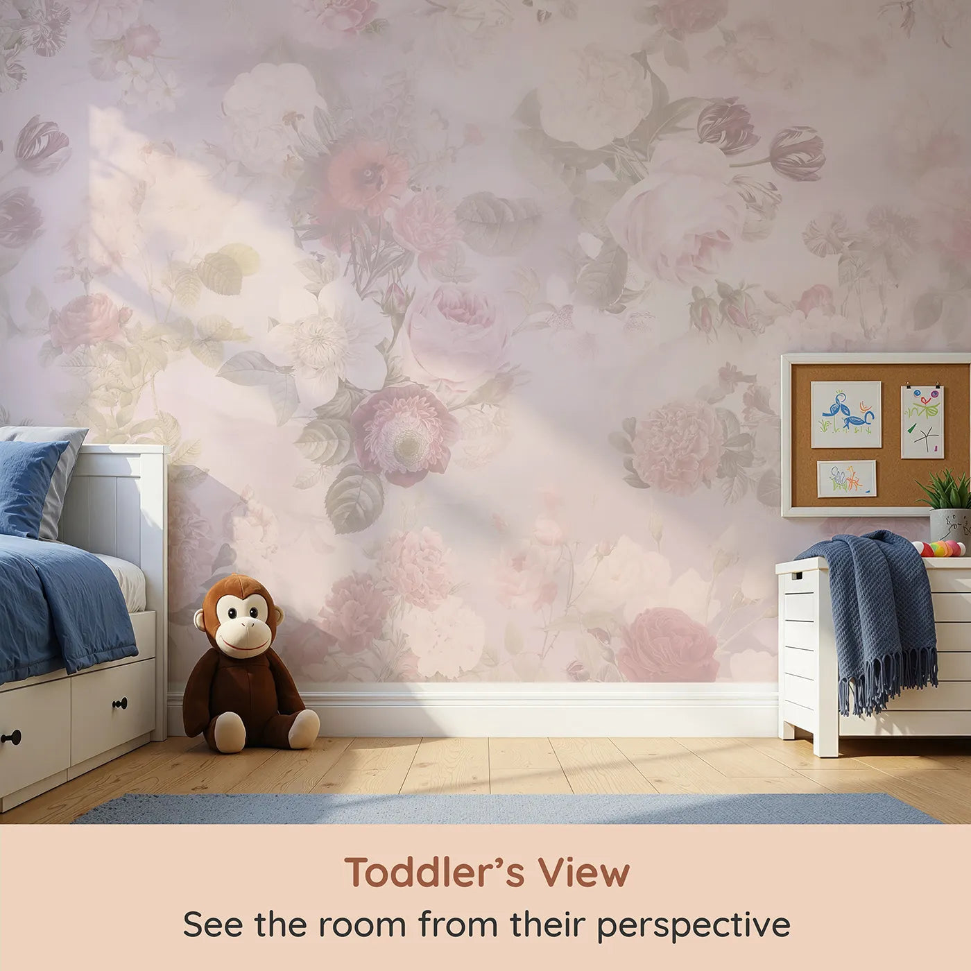 Whimsy Tots Vintage Floral Romance Wall Mural (Turn Their Room into a Garden of Timeless, Painted Flowers) from your child's view.Best for Girls