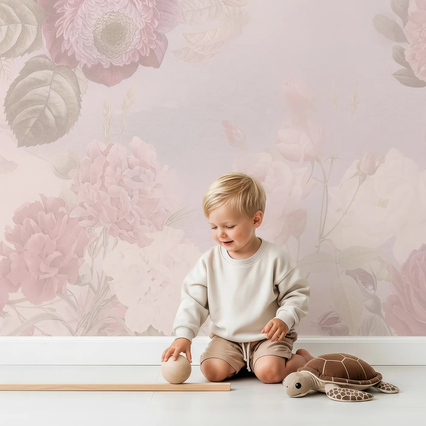 Child in front of Whimsy Tots Vintage Floral Romance Wall Mural with flower, floral, vintage, romantic, pink, rose, pattern, seamless in design.