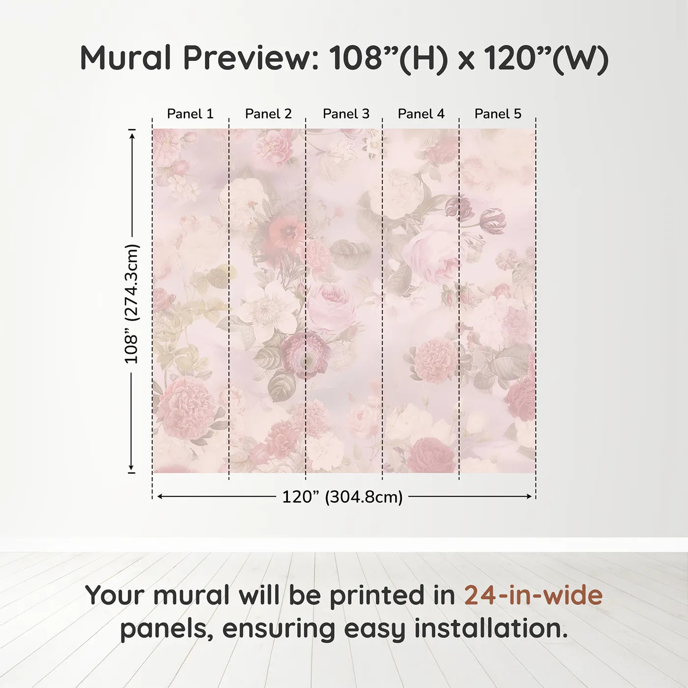 Whimsy Tots Vintage Floral Romance Wall Muraldimension view (108" H x 120" W). Printed in five 24-inch-wide panels. Best for Girls