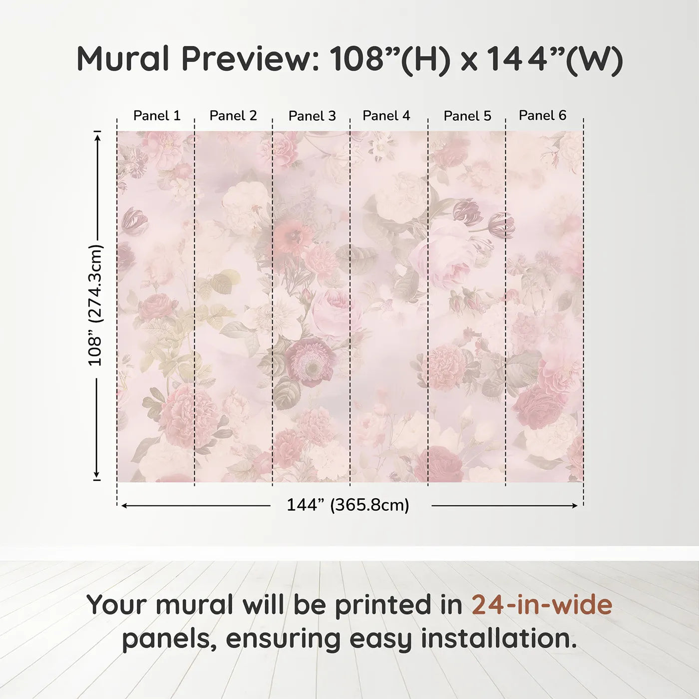 Whimsy Tots Vintage Floral Romance Wall Muraldimension view (108" H x 144" W). Printed in six 24-inch-wide panels. Best for Girls