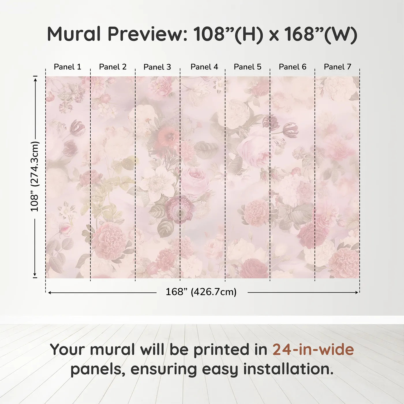 Whimsy Tots Vintage Floral Romance Wall Muraldimension view (108" H x 168" W). Printed in seven 24-inch-wide panels. Best for Girls