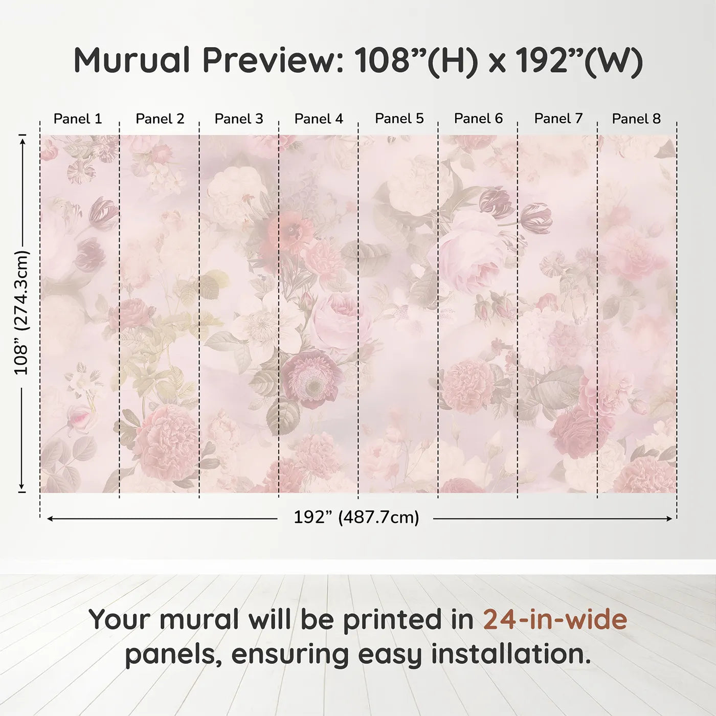Whimsy Tots Vintage Floral Romance Wall Muraldimension view (108" H x 192" W). Printed in eight 24-inch-wide panels. Best for Girls