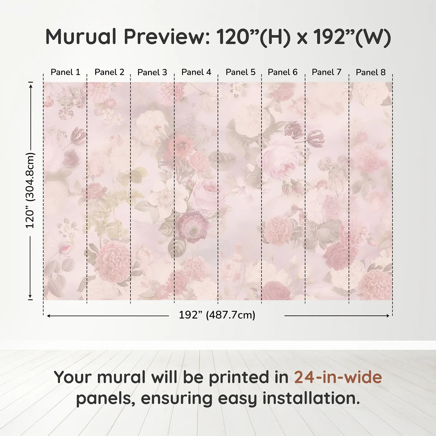 Whimsy Tots Vintage Floral Romance Wall Muraldimension view (120" H x 192" W). Printed in eight 24-inch-wide panels. Best for Girls