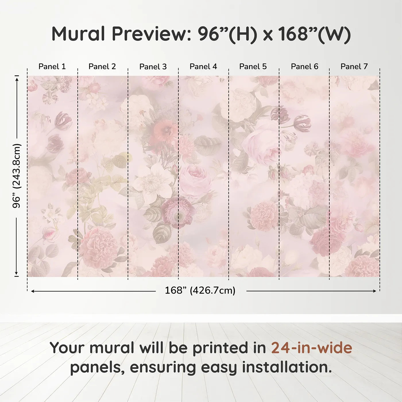 Whimsy Tots Vintage Floral Romance Wall Muraldimension view (96" H x 168" W). Printed in seven 24-inch-wide panels. Best for Girls