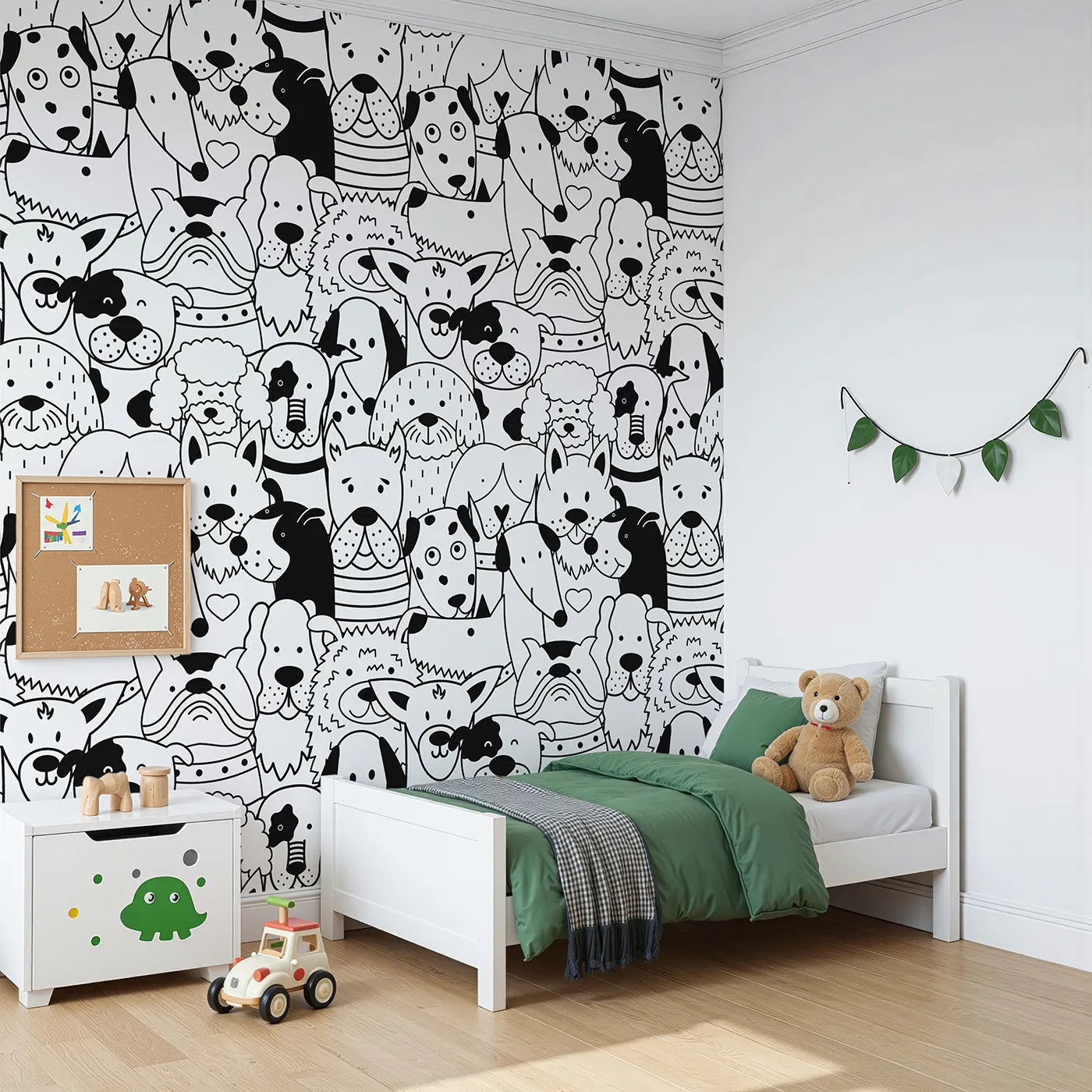 Angled view of Whimsy Tots' Doodle Dog Party Wall Mural (Turn Their Room into the Happiest, Waggiest Place on Earth).Gender-Neutral
