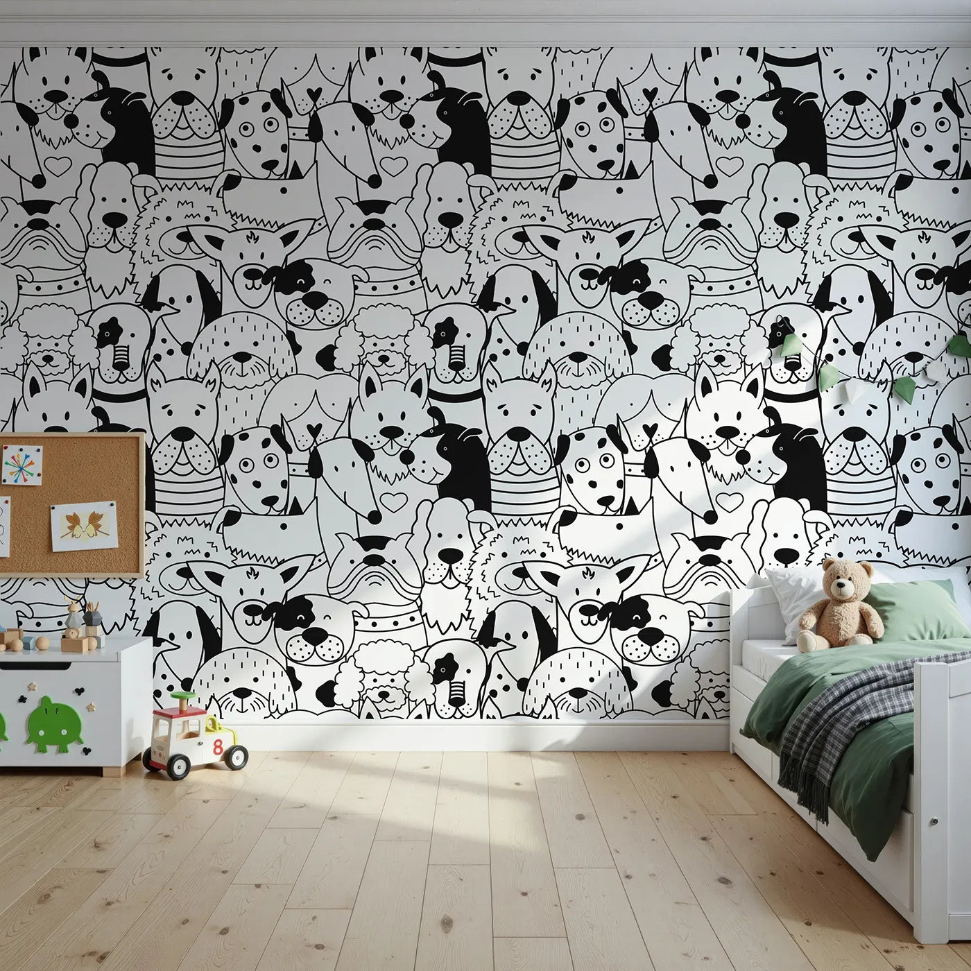 Front view of Whimsy Tots' Doodle Dog Party Wall Mural