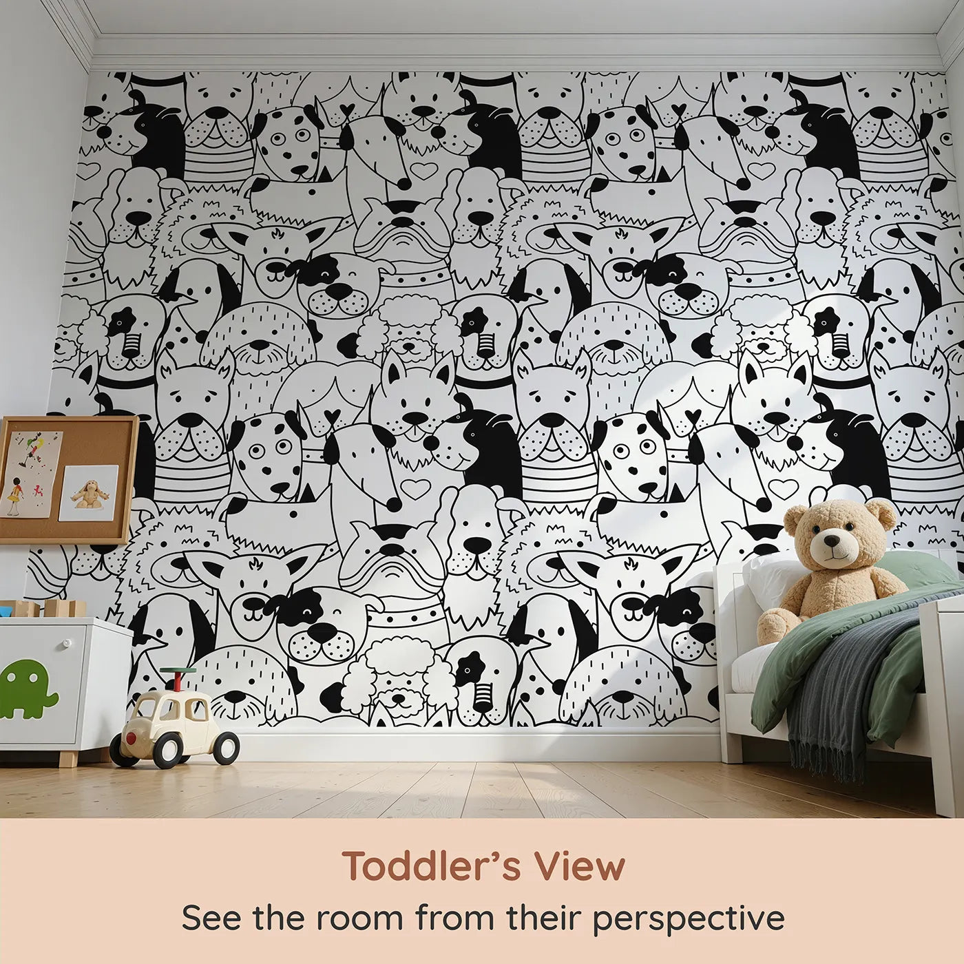 Whimsy Tots Doodle Dog Party Wall Mural (Turn Their Room into the Happiest, Waggiest Place on Earth) from your child's view.Gender-Neutral