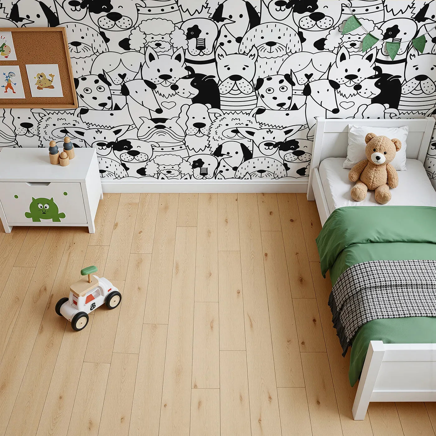 Top-down view of Whimsy Tots' Doodle Dog Party Wall Mural (Turn Their Room into the Happiest, Waggiest Place on Earth).Gender-Neutral