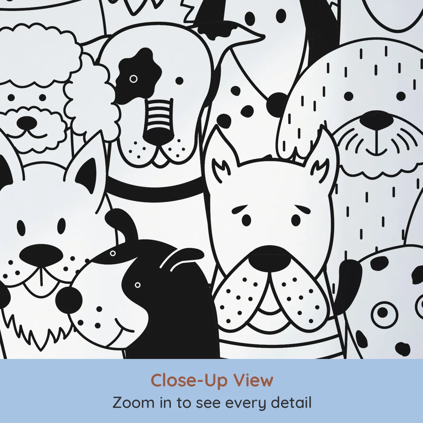 Close-up view of Whimsy Tots' Doodle Dog Party Wall Mural (Turn Their Room into the Happiest, Waggiest Place on Earth).Gender-Neutral