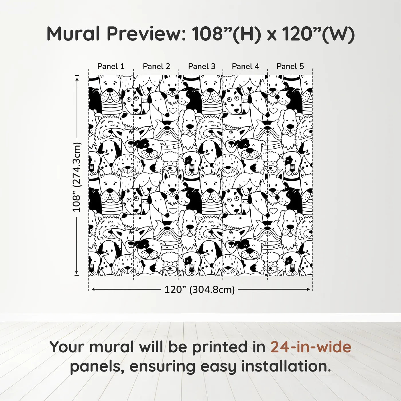 Whimsy Tots Doodle Dog Party Wall Muraldimension view (108" H x 120" W). Printed in five 24-inch-wide panels. Gender-Neutral