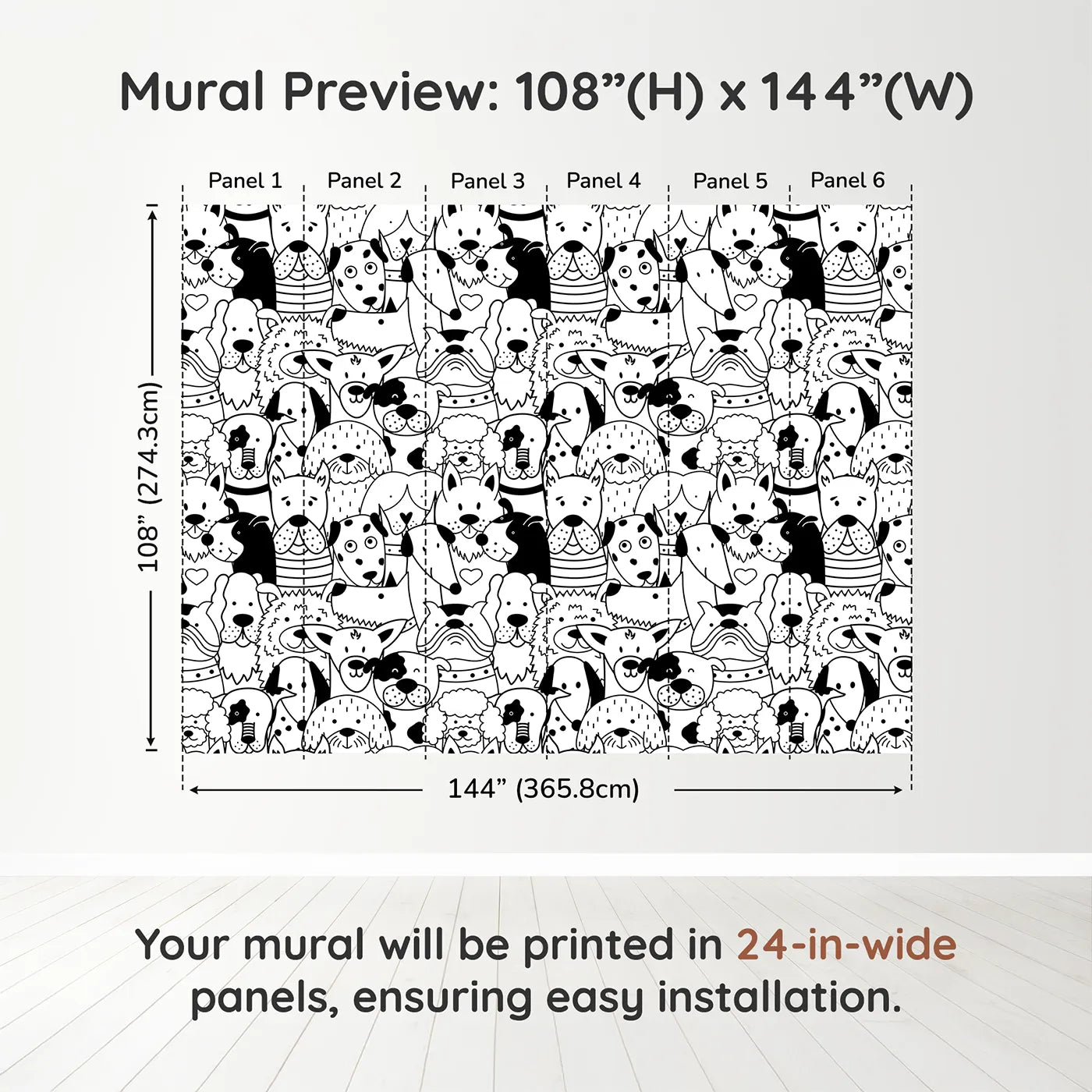 Whimsy Tots Doodle Dog Party Wall Muraldimension view (108" H x 144" W). Printed in six 24-inch-wide panels. Gender-Neutral