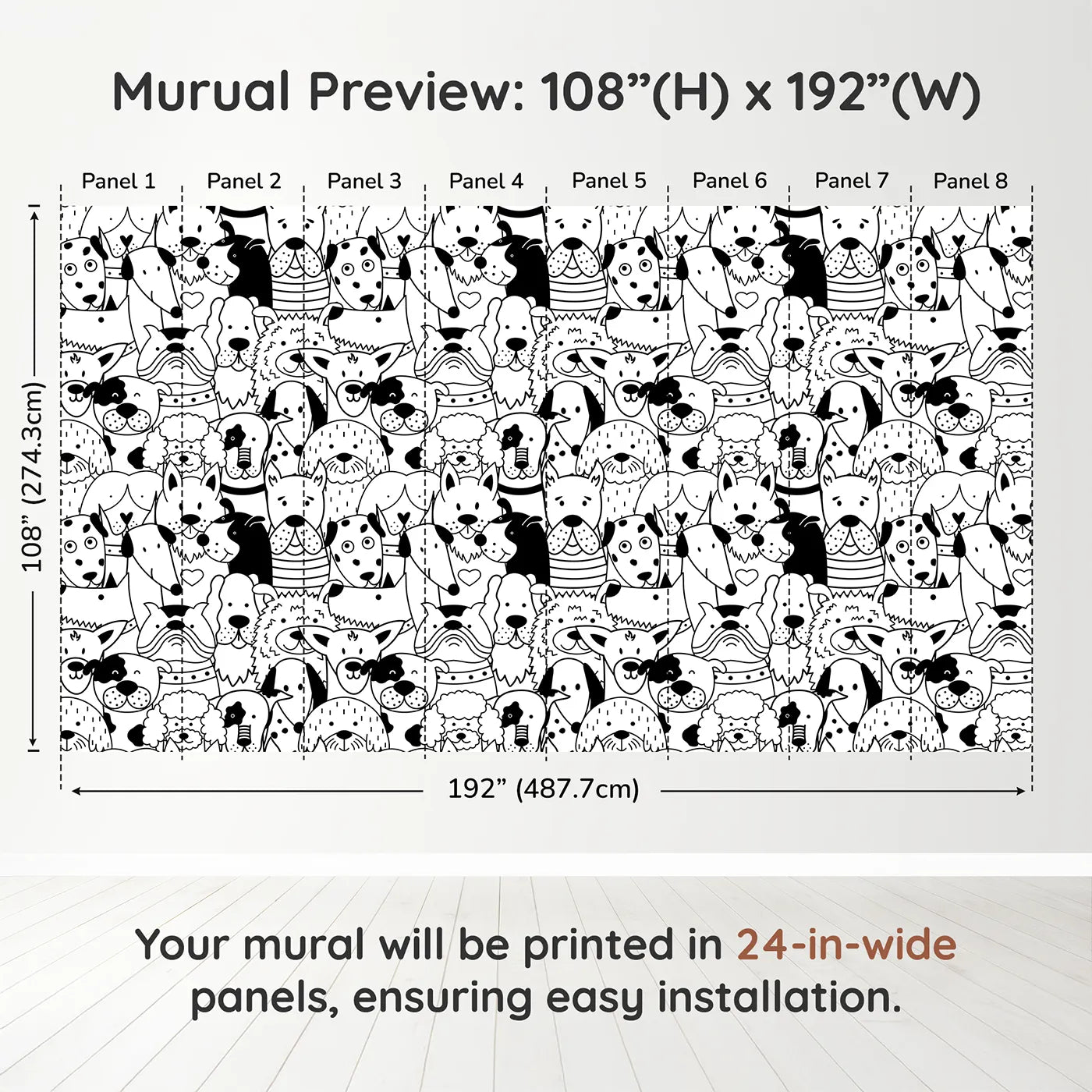 Whimsy Tots Doodle Dog Party Wall Muraldimension view (108" H x 192" W). Printed in eight 24-inch-wide panels. Gender-Neutral