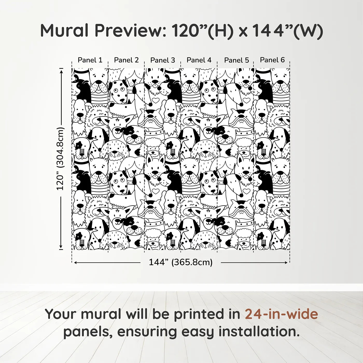 Whimsy Tots Doodle Dog Party Wall Muraldimension view (120" H x 144" W). Printed in six 24-inch-wide panels. Gender-Neutral
