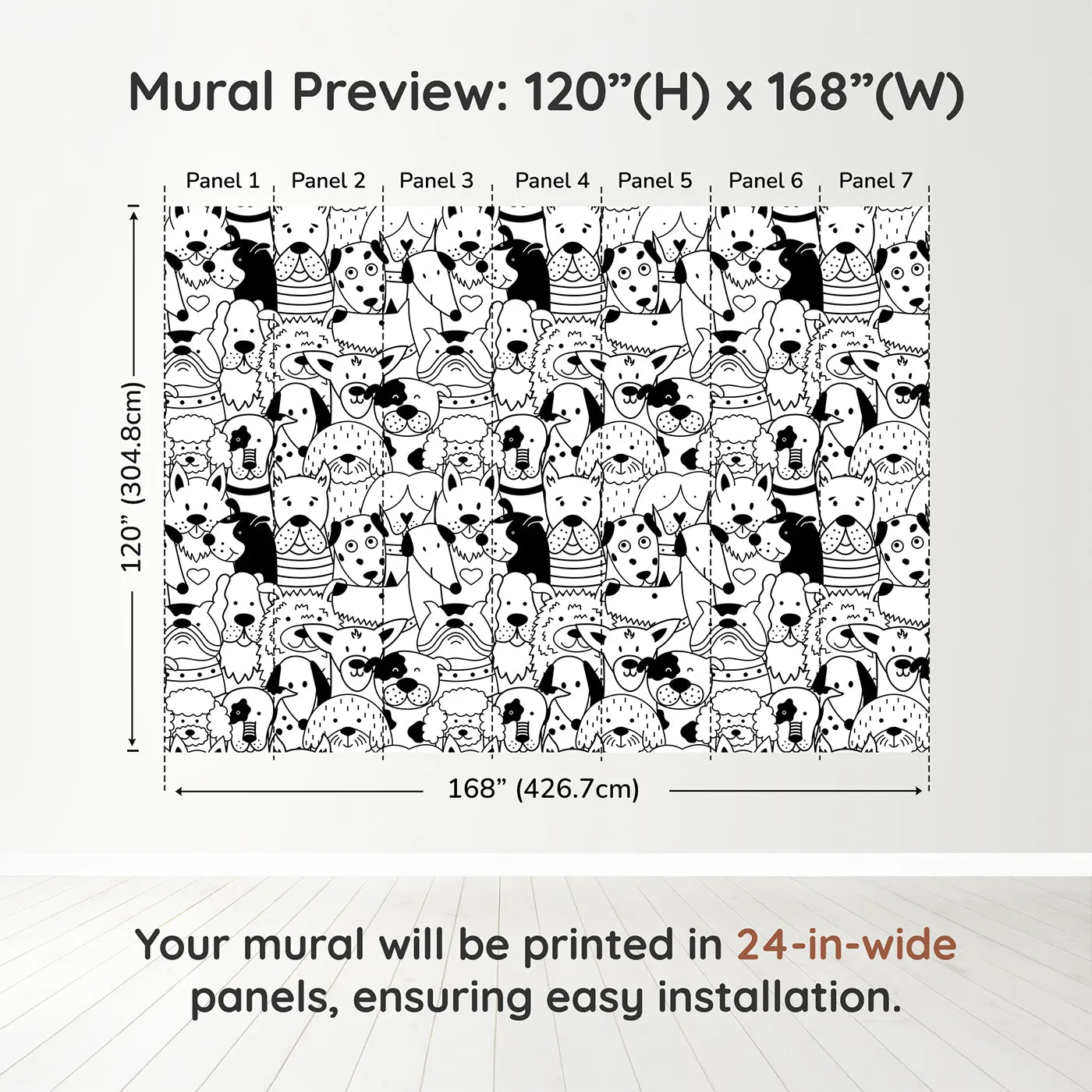 Whimsy Tots Doodle Dog Party Wall Muraldimension view (120" H x 168" W). Printed in seven 24-inch-wide panels. Gender-Neutral