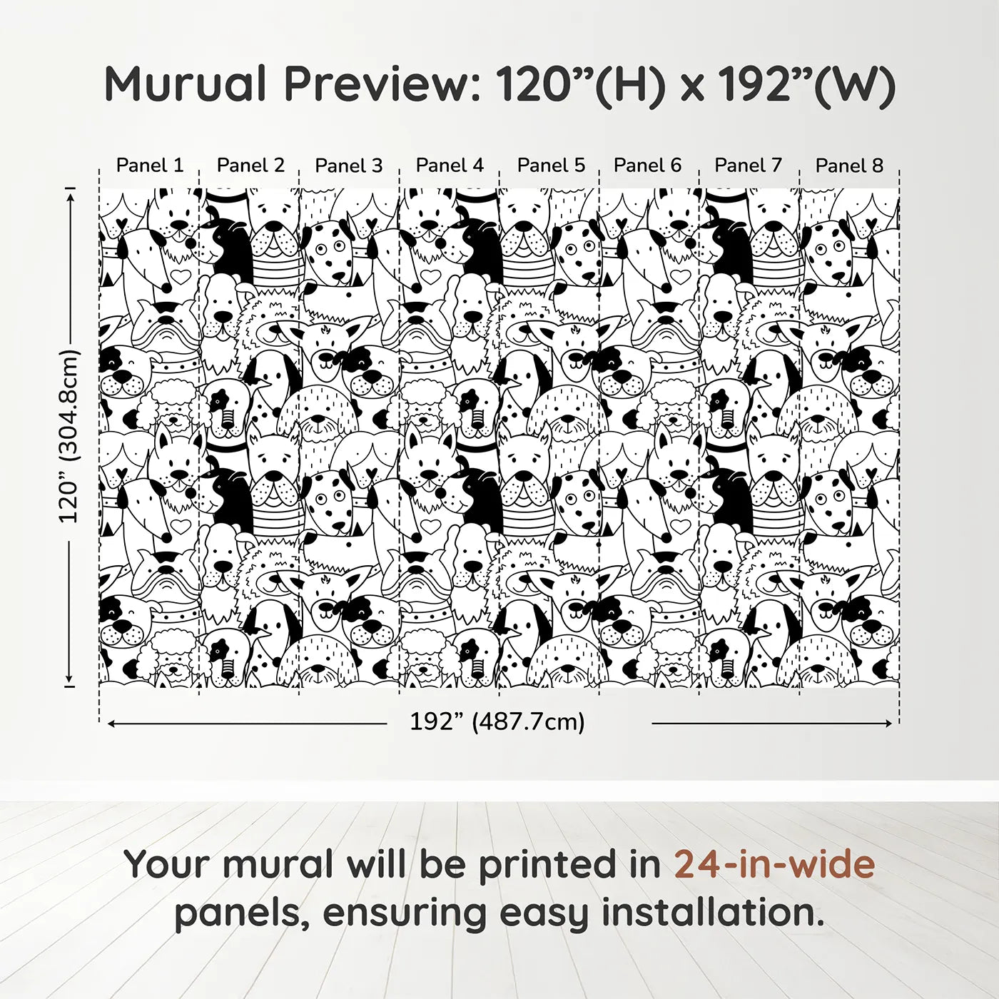 Whimsy Tots Doodle Dog Party Wall Muraldimension view (120" H x 192" W). Printed in eight 24-inch-wide panels. Gender-Neutral