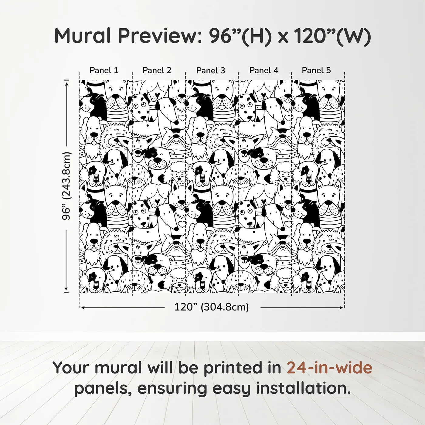 Whimsy Tots Doodle Dog Party Wall Muraldimension view (96" H x 120" W). Printed in five 24-inch-wide panels. Gender-Neutral