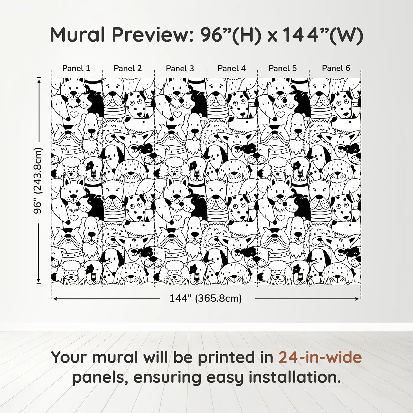 Whimsy Tots Doodle Dog Party Wall Muraldimension view (96" H x 144" W). Printed in six 24-inch-wide panels. Gender-Neutral