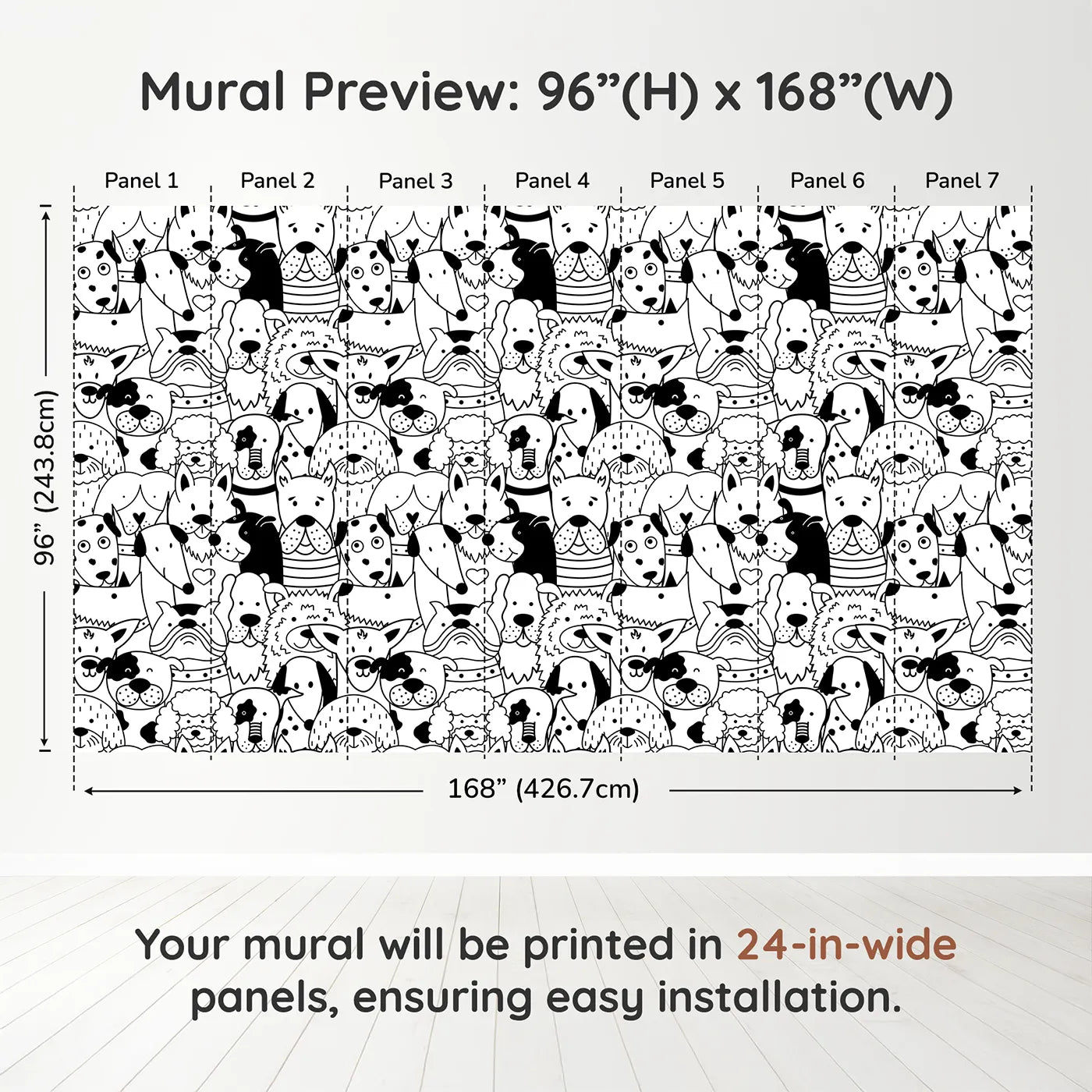 Whimsy Tots Doodle Dog Party Wall Muraldimension view (96" H x 168" W). Printed in seven 24-inch-wide panels. Gender-Neutral