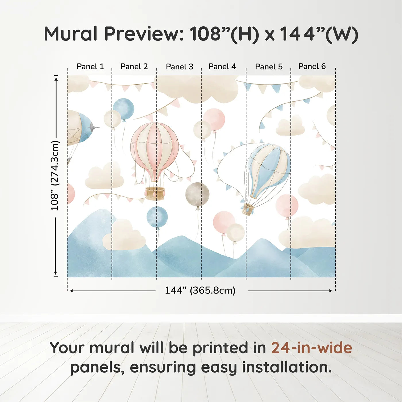 Whimsy Tots Pastel Sky Balloon Parade Wall Muraldimension view (108" H x 144" W). Printed in six 24-inch-wide panels. Gender-Neutral