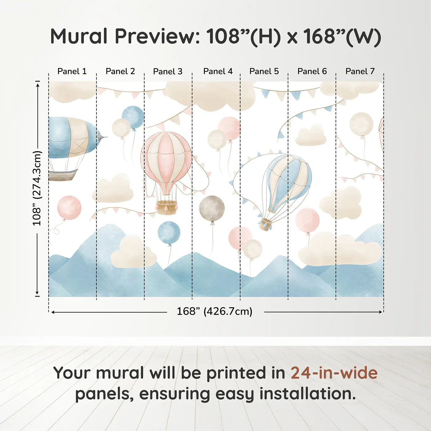 Whimsy Tots Pastel Sky Balloon Parade Wall Muraldimension view (108" H x 168" W). Printed in seven 24-inch-wide panels. Gender-Neutral