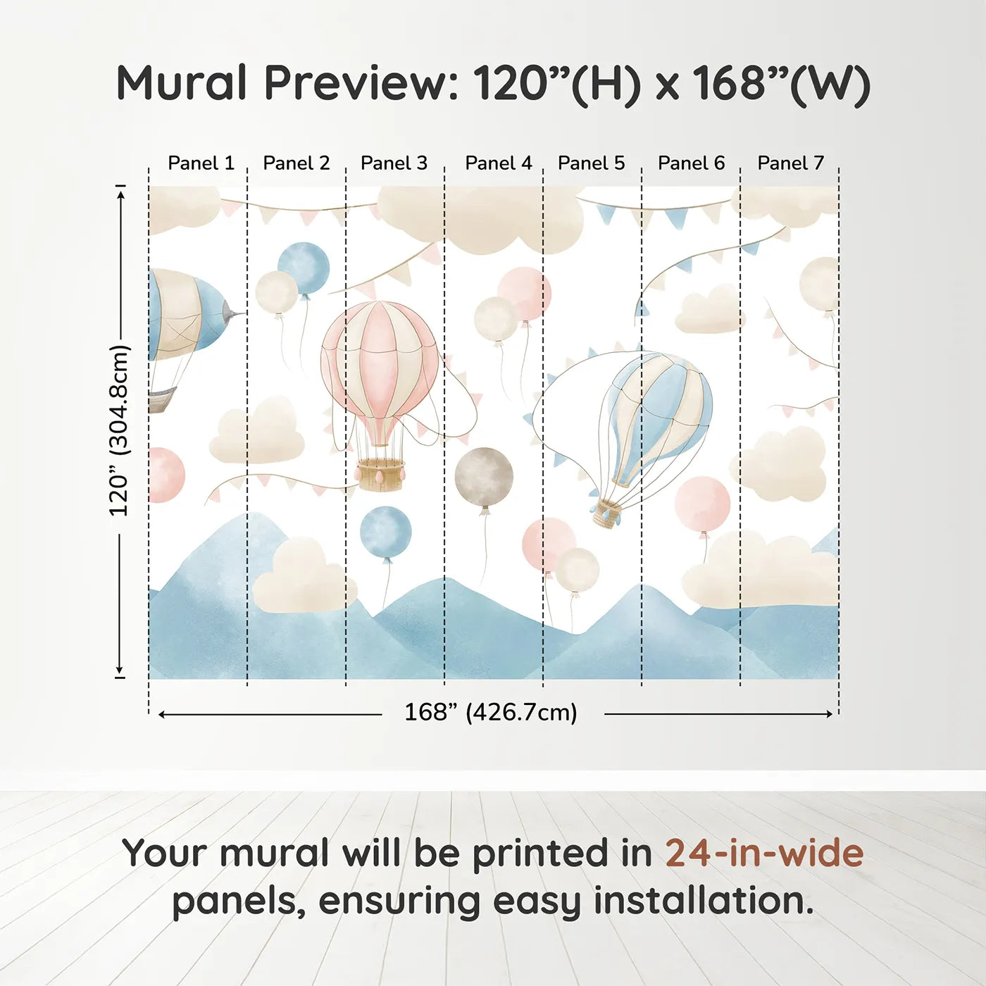 Whimsy Tots Pastel Sky Balloon Parade Wall Muraldimension view (120" H x 168" W). Printed in seven 24-inch-wide panels. Gender-Neutral