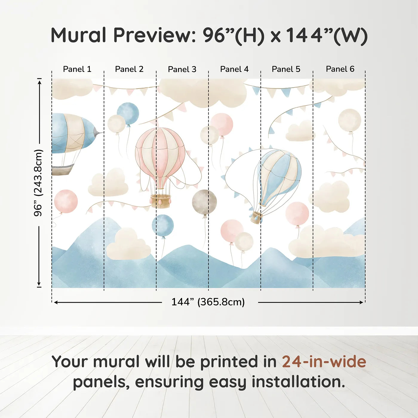 Whimsy Tots Pastel Sky Balloon Parade Wall Muraldimension view (96" H x 144" W). Printed in six 24-inch-wide panels. Gender-Neutral