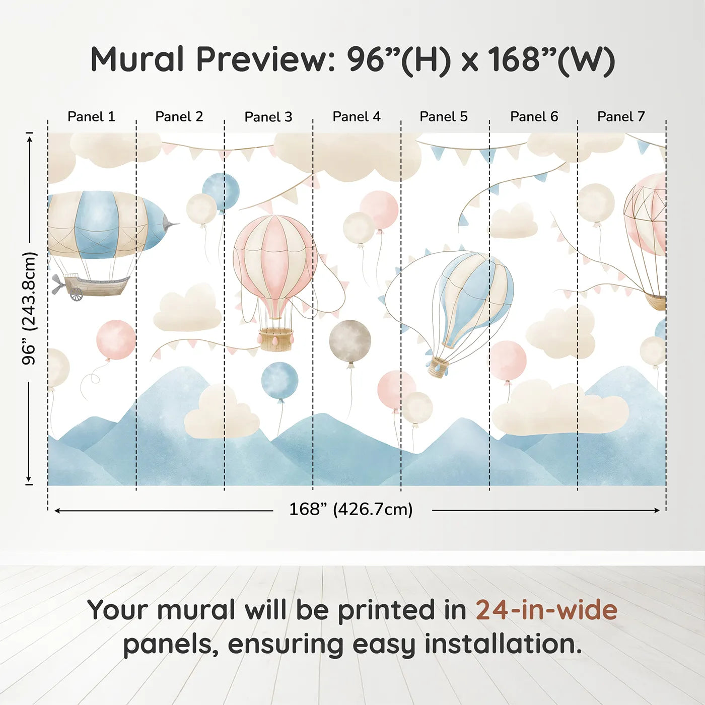 Whimsy Tots Pastel Sky Balloon Parade Wall Muraldimension view (96" H x 168" W). Printed in seven 24-inch-wide panels. Gender-Neutral