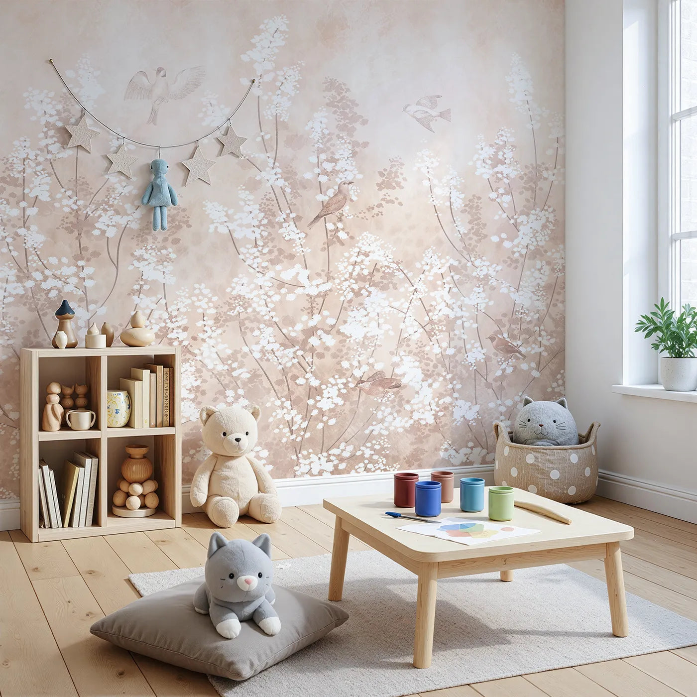 Angled view of Whimsy Tots' Sepia Blossom Meadow Wall Mural (Turn Their Room into a Field of Vintage, Painted Flowers).Gender-Neutral