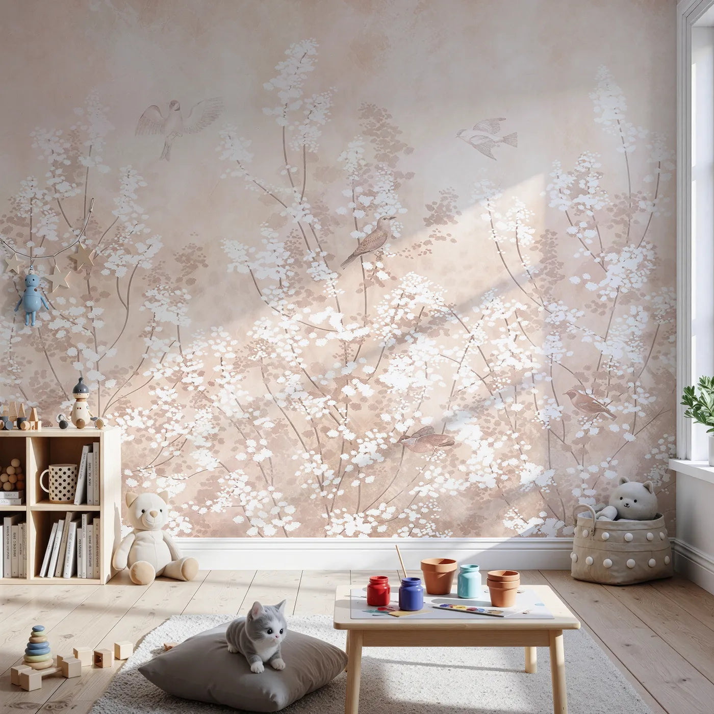 Front view of Whimsy Tots' Sepia Blossom Meadow Wall Mural