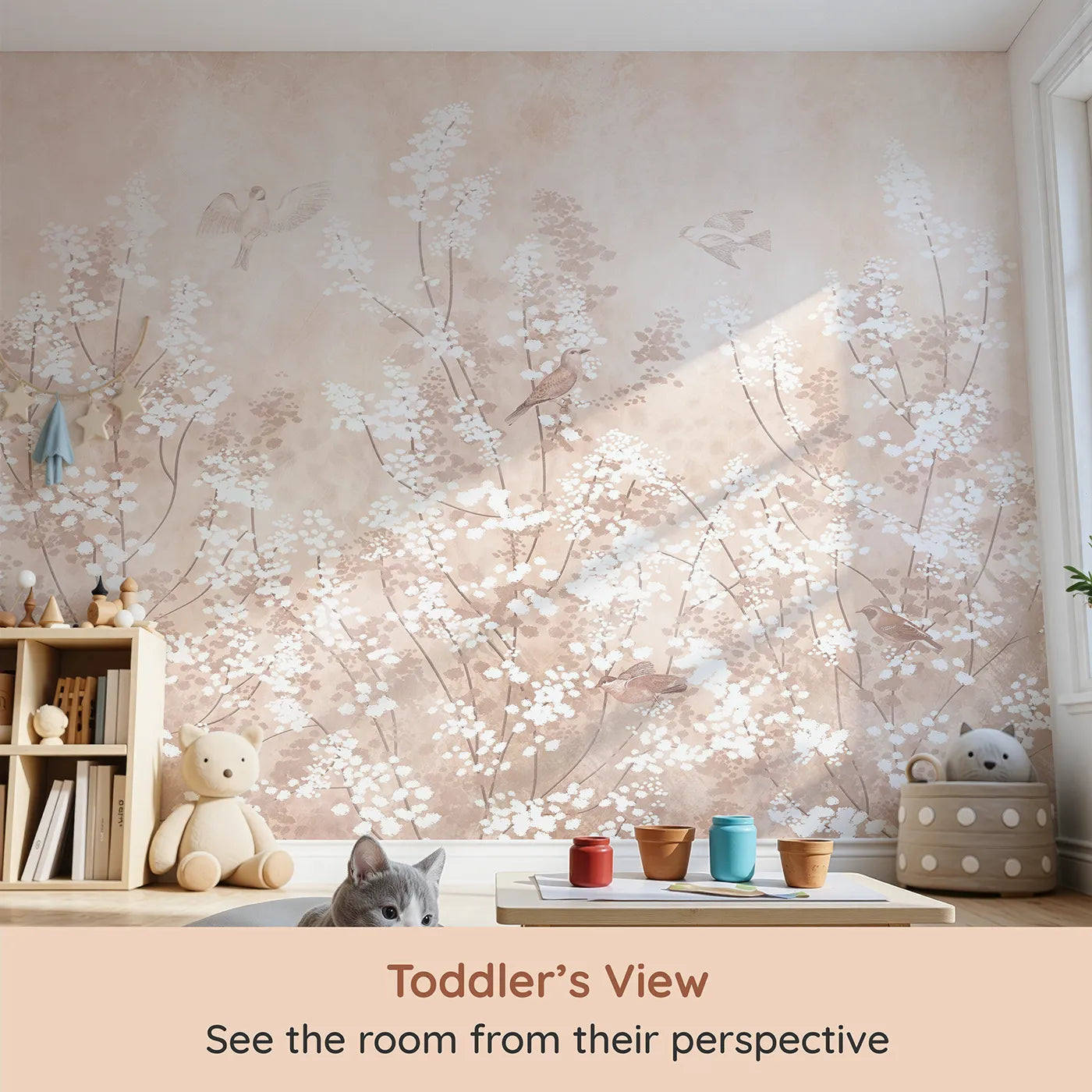 Whimsy Tots Sepia Blossom Meadow Wall Mural (Turn Their Room into a Field of Vintage, Painted Flowers) from your child's view.Gender-Neutral