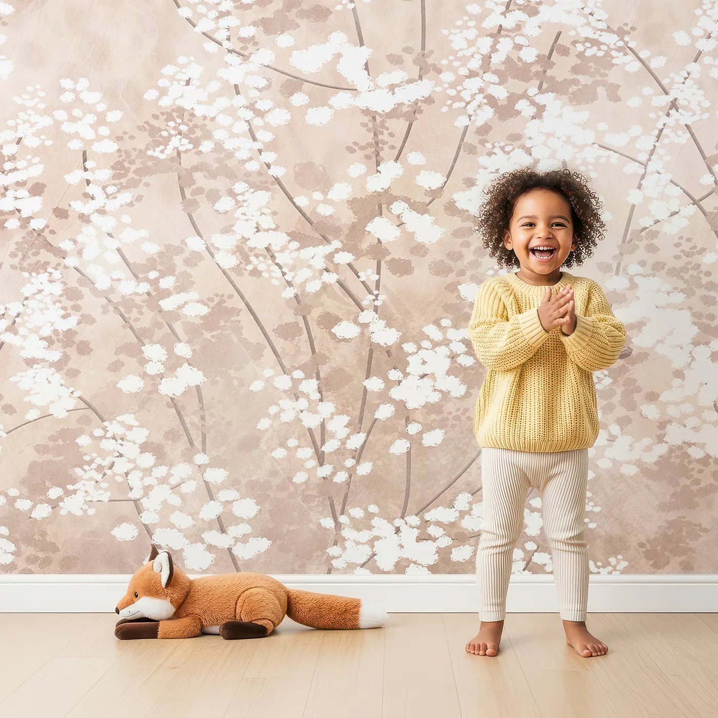 Child in front of Whimsy Tots Sepia Blossom Meadow Wall Mural with flower, blossom, bird, sepia, vintage, meadow, nature, romantic in design.