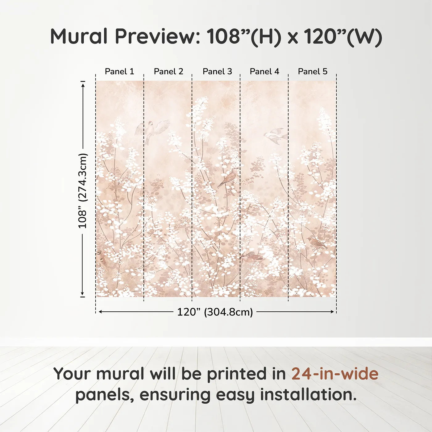 Whimsy Tots Sepia Blossom Meadow Wall Muraldimension view (108" H x 120" W). Printed in five 24-inch-wide panels. Gender-Neutral